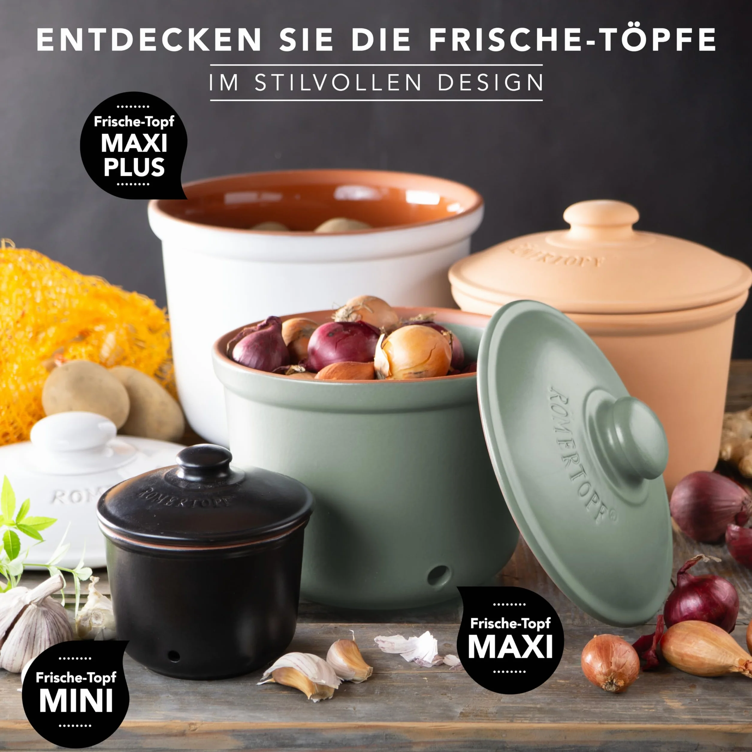 Römertopf pojemnik na zapasy Maxi plus świeży garnek z naturalnej gliny zapewnia długi okres przydatności do spożycia żywności, takiej jak np. ziemniaki, Ø 26,0 cm, niebiesko-szary