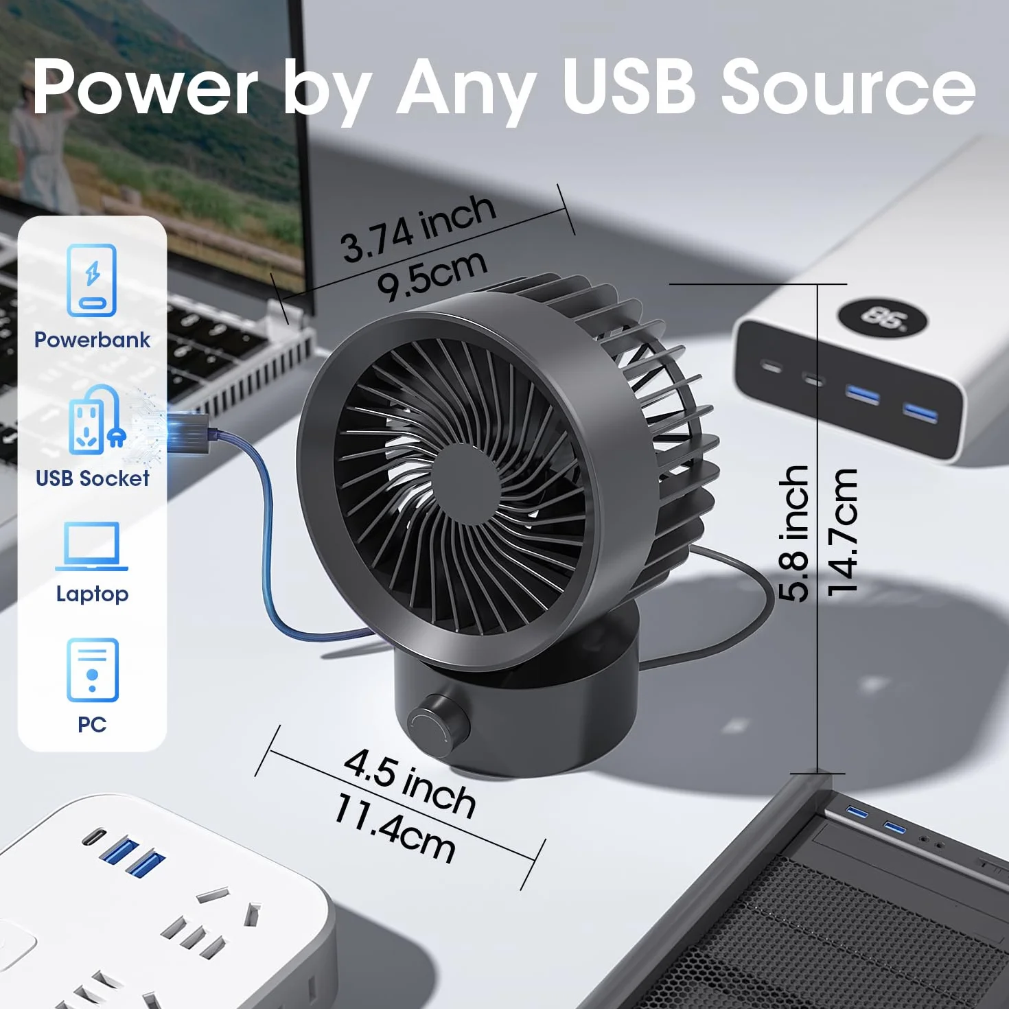 Wentylator biurkowy USB, cichy, bezstopniowa prędkość, regulowany, przenośny