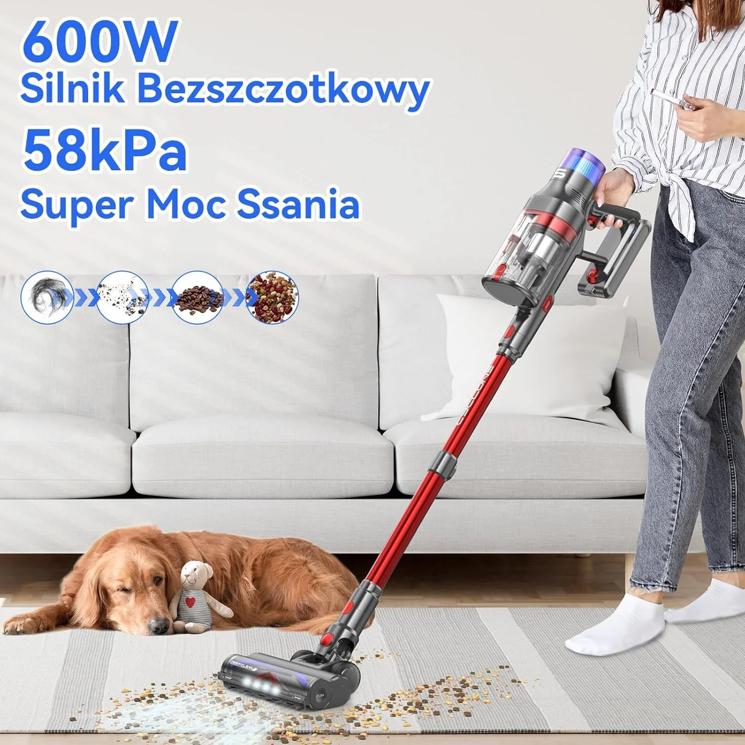 V15 Pro Max Bezprzewodowy Odkurzacz w Sztyfcie, Odkurzacz 58kpa, 600w, Czas Pracy 80 Minut i Wymienny Akumulator, Odkurzacze Pionowe do SierśCi ZwierząT, DywanóW, PodłóG Samochodowych