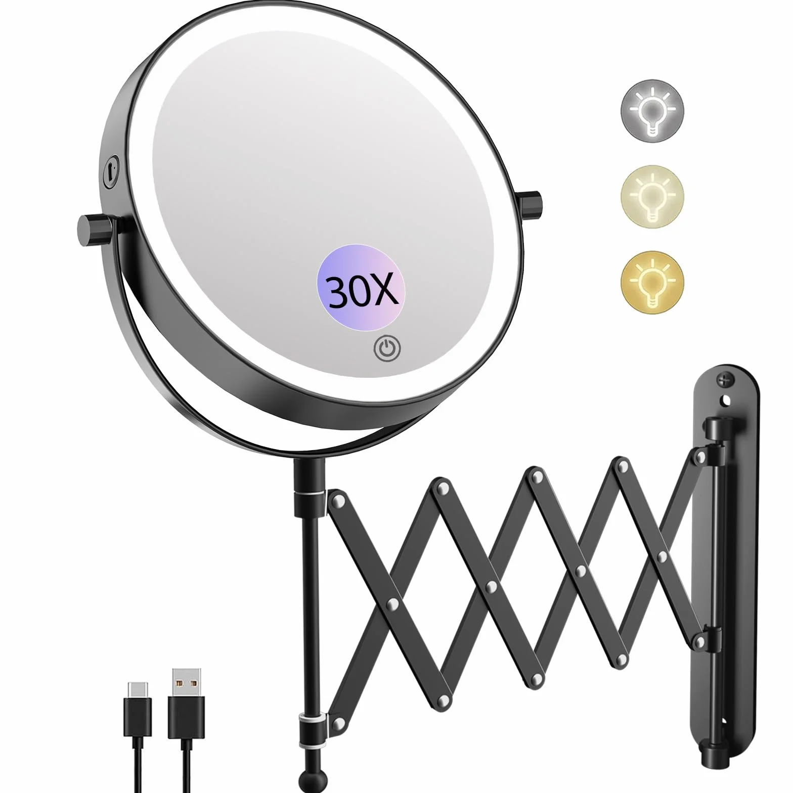 FUNTOUCH Lusterko kosmetyczne z możliwością ponownego ładowania, powiększenie 1X / 10x, 3 kolory oświetlenia, przedłużone ramię, lusterko do makijażu, obracane o 360°, lustro ścienne do łazienki i