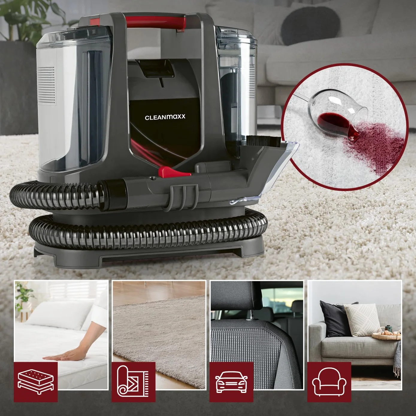 CLEANmaxx Środek do czyszczenia dywanów i tapicerki Compact Plus | odkurzacz do prania wraz z EASYmaxx środek do czyszczenia dywanów | odkurzacz na mokro i odkurzacz do prania, nadaje się do sofy