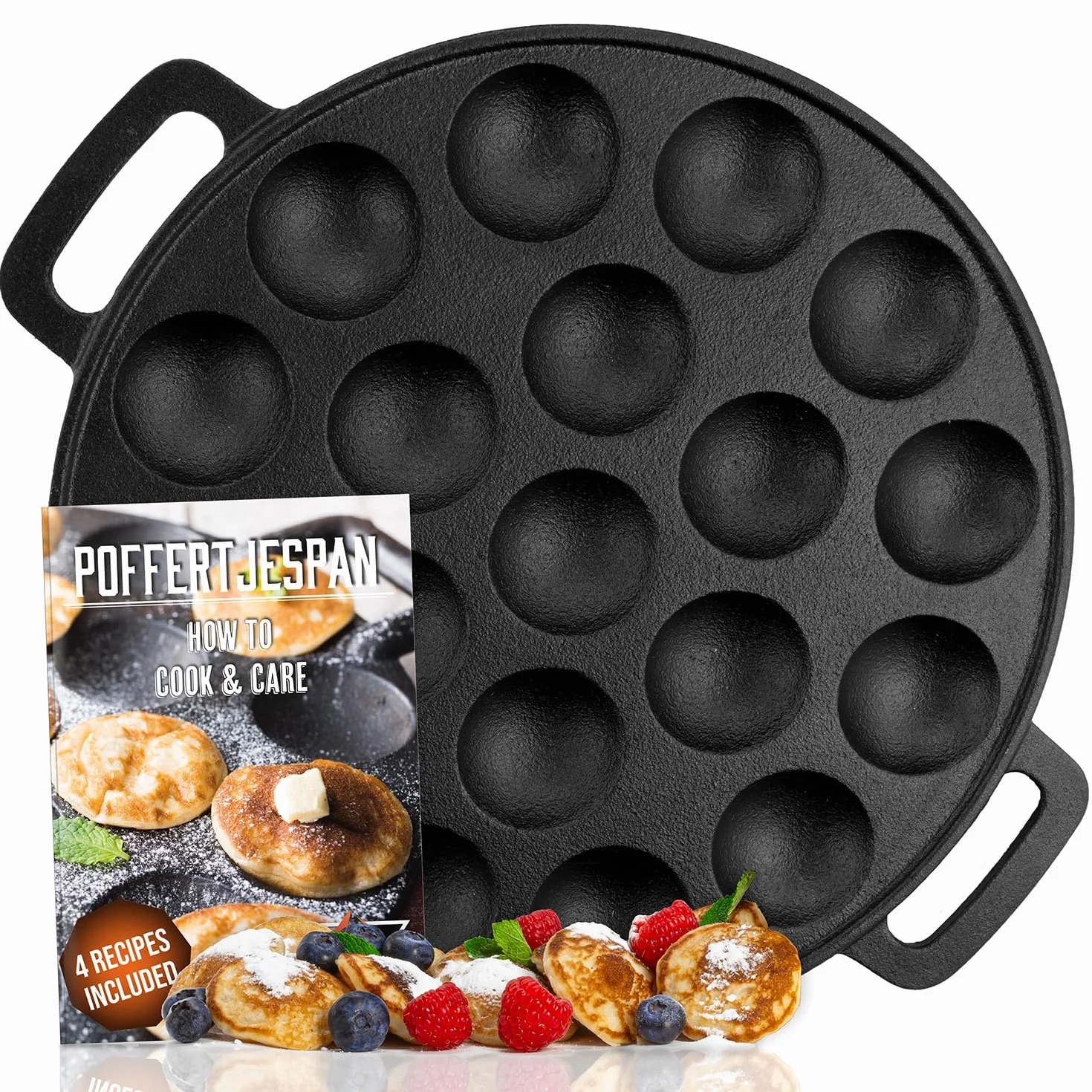 IRONO Patelnia do Poffertjes - Urządzenie do Poffertjes - 19 Mini Naleśników - Poffertjes Patelnia - Poffertjes Recipe - Żeliwna Patelnia - Zawiera Pędzel do Masła, Widelec, Butelka na Ciasto