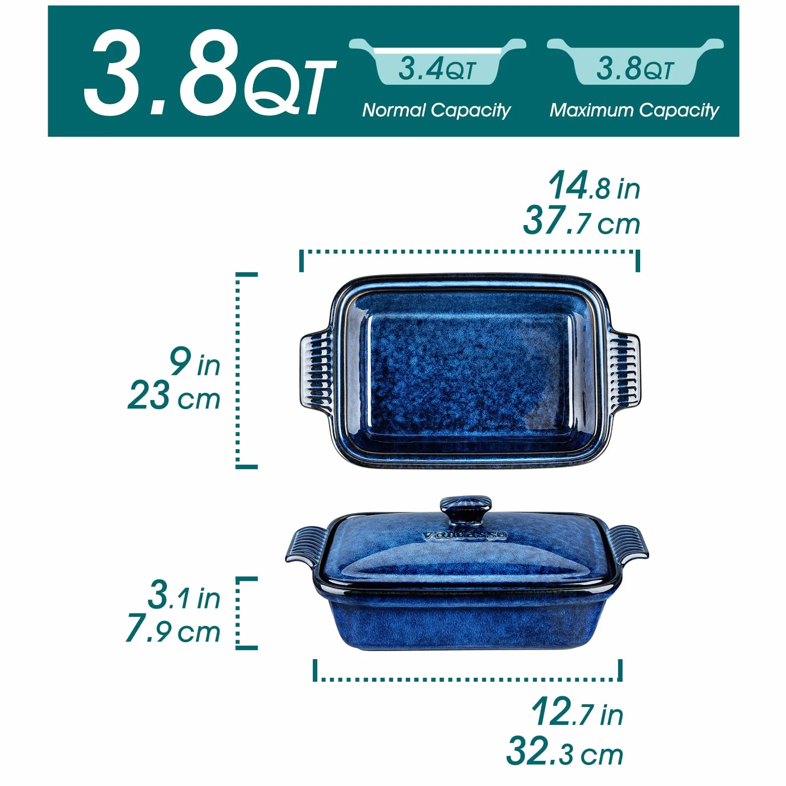 vancasso Gwiaździste naczynie do zapiekania z pokrywką, naczynie do zapiekania 3,8 l do piekarnika, forma do pieczenia 9 x 13 z uchwytami, duża patelnia do zapiekanek, patelnia do lasagne z pokrywką
