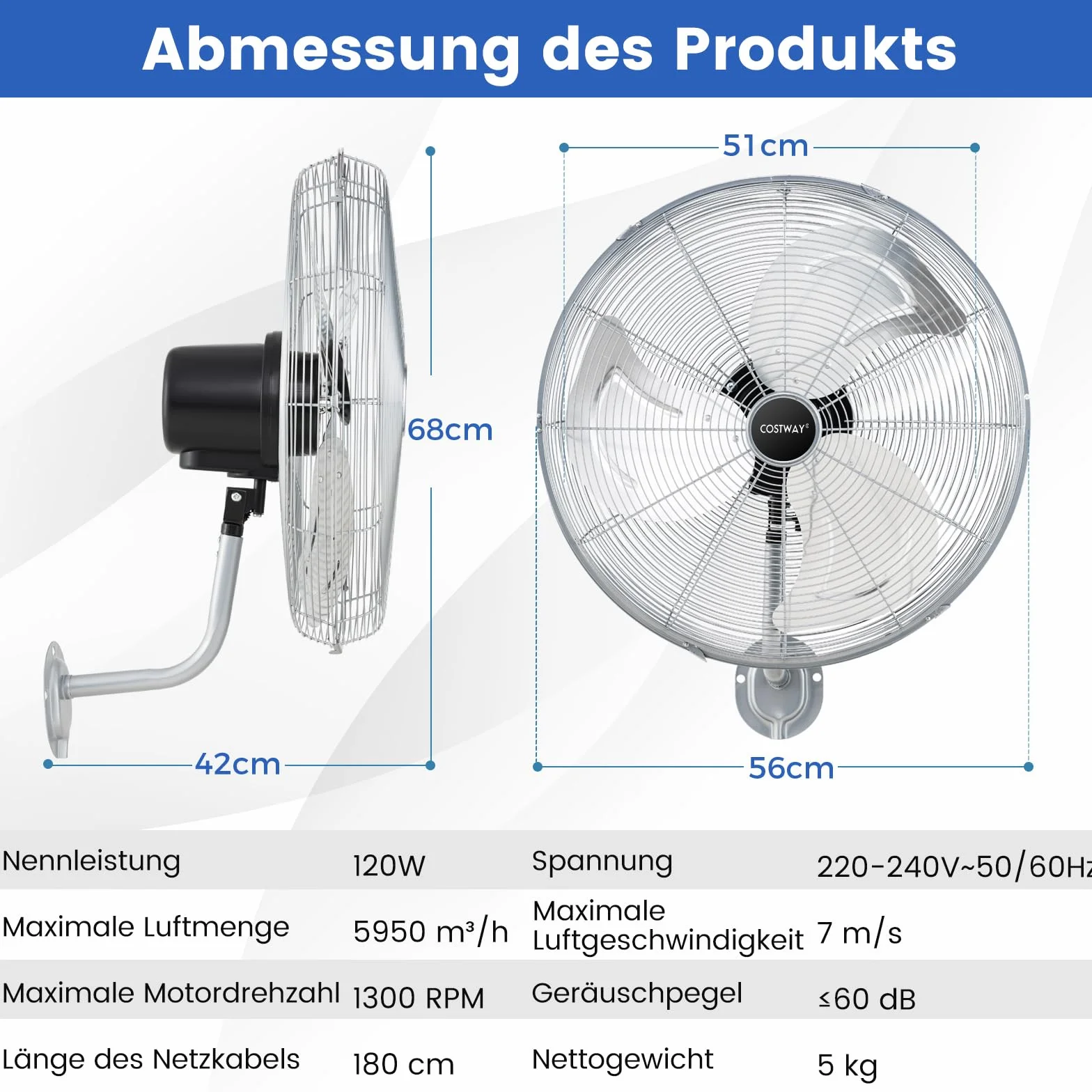 COSTWAY Wentylator ścienny przemysłowy 56 cm, oscylacja 85° i regulowany kąt nachylenia 30°, 3 stopnie prędkości, wentylator z oscylującą głowicą, do magazynu, warsztatu, szklarni (kolor srebrny)