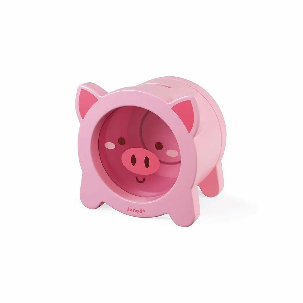 Janod Wooden Children’s Piggy Bank 5.9 inch See-Through Side Magnetic Opening Ages 3+