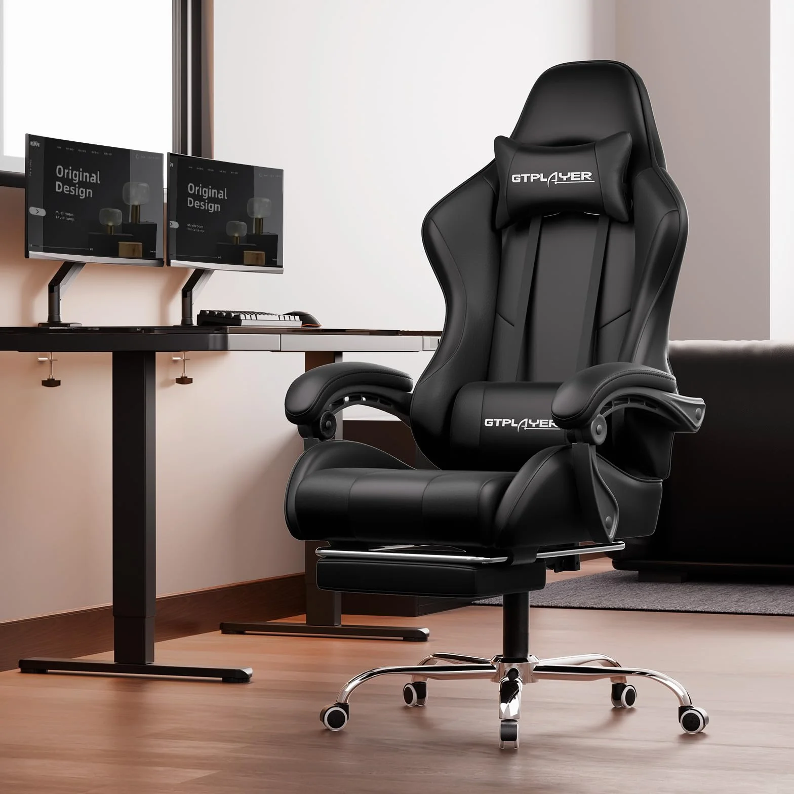LUCKRACER Fotel do gier, fotel gamingowy z masażem, ergonomiczne krzesło biurowe z podnóżkiem, 150 kg, siedzisko do gier, z zagłówkiem i wysuwanym podnóżkiem, czarny