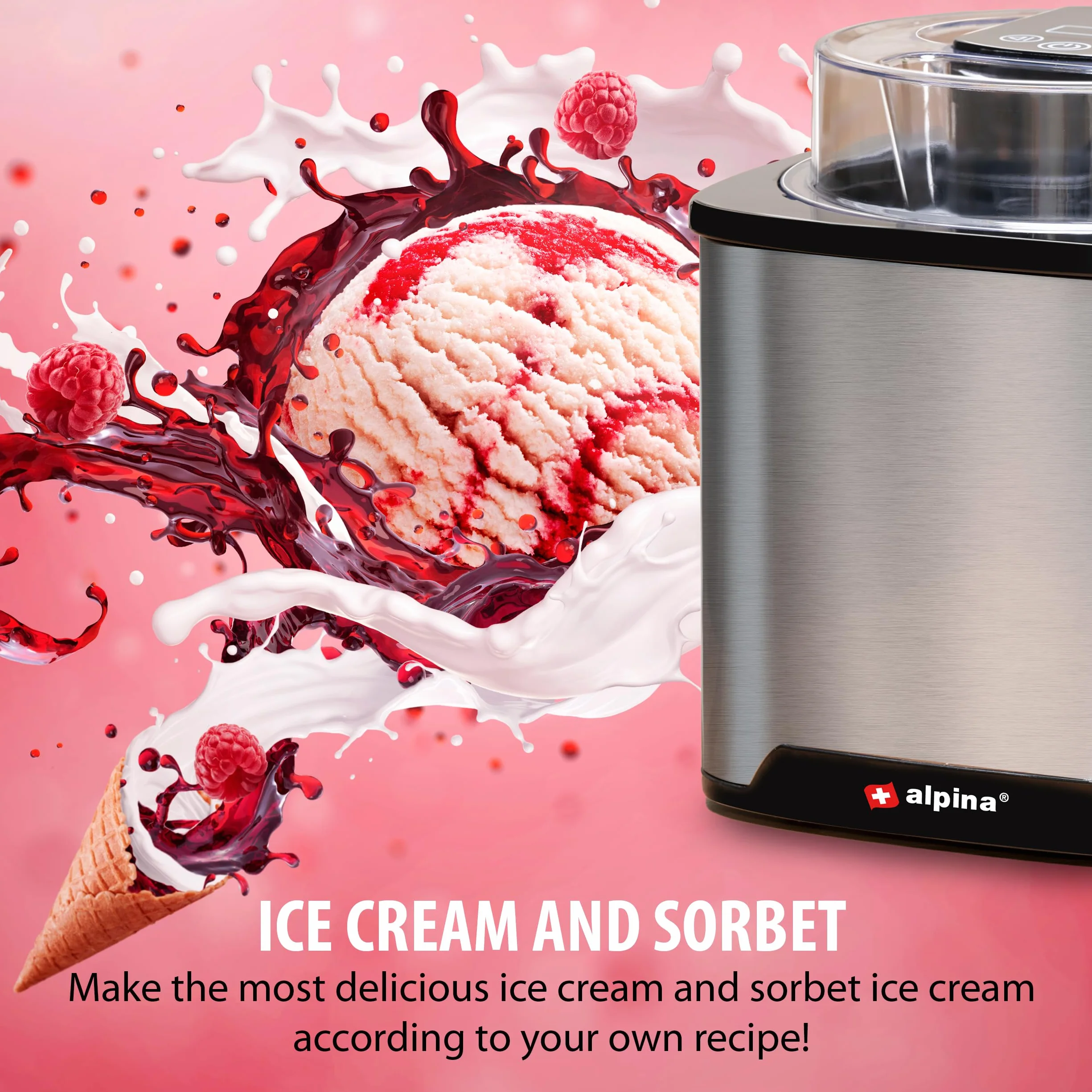 alpina Maszyna do lodów - Lody, mrożony jogurt, sorbet, itp. - 2L - Automatyczne wyłączanie - Stal nierdzewna - Srebrny