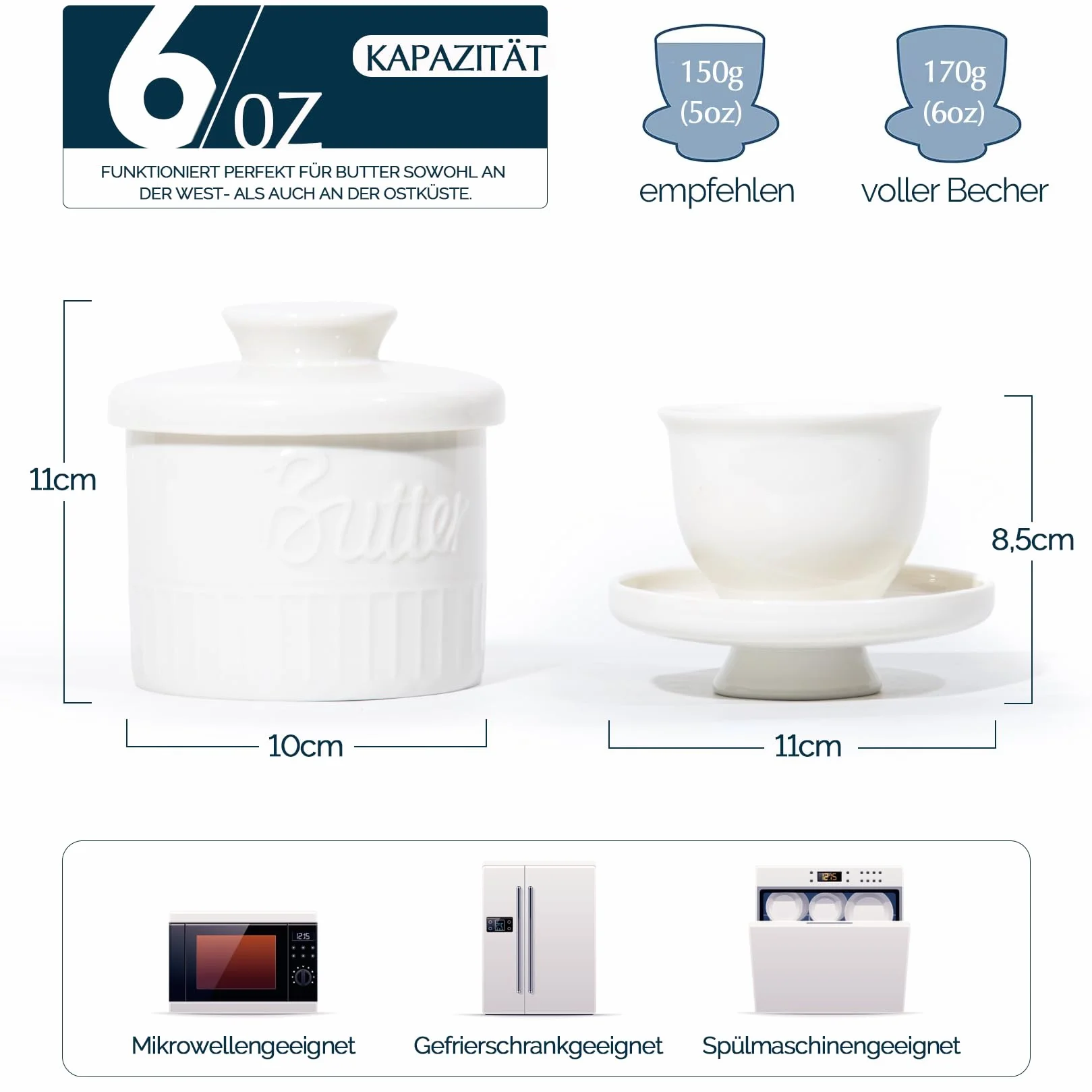 Theo&Cleo Francuska maselniczka, ceramiczna, dzwon na masło, porcelanowy słoik na świeże i nadające się do smarowania masło (biała)