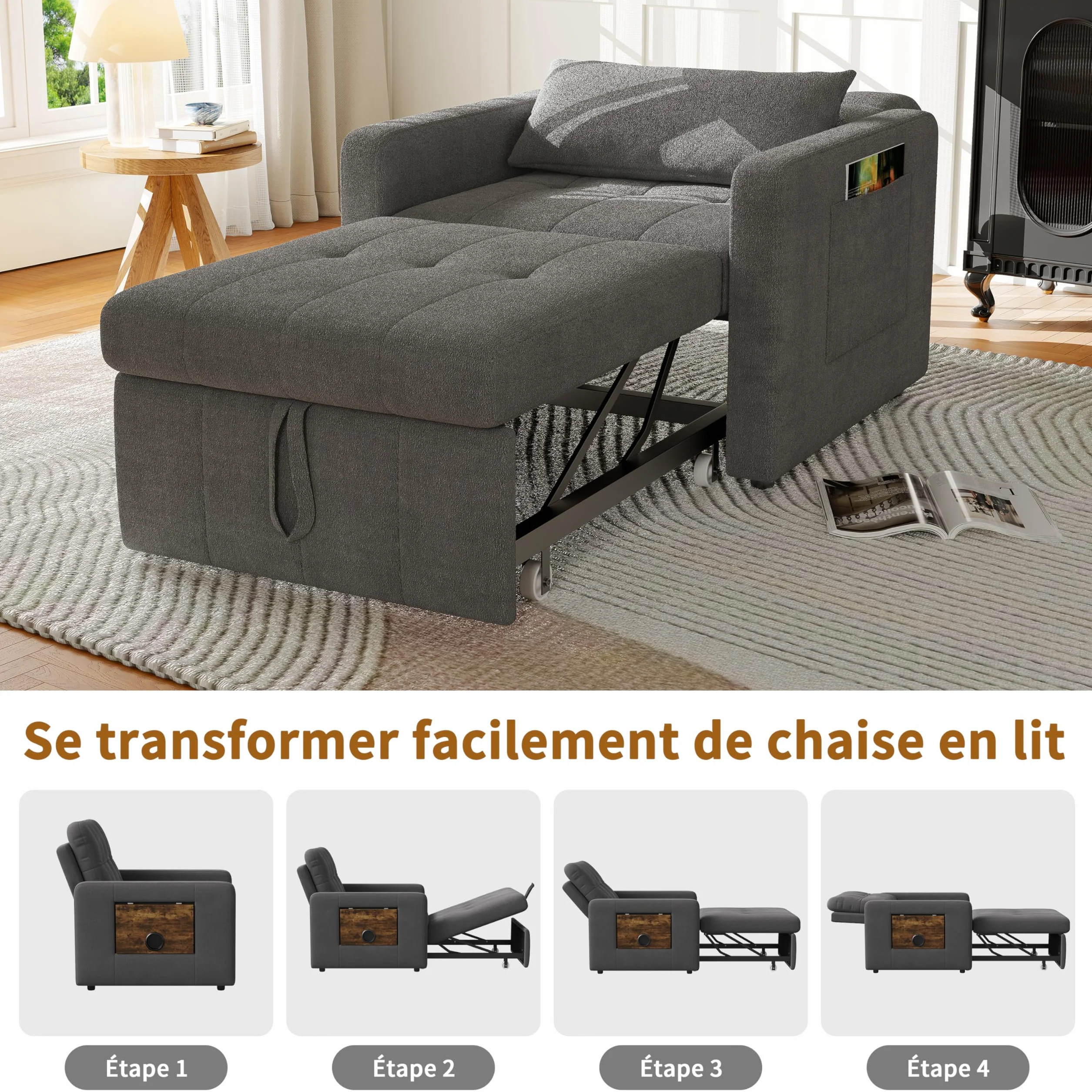 Fotel do spania 3 w 1 z funkcją łóżka, rozkładana sofa ze składanymi stolikami do herbaty, pojedyncza sofa do spania, rozkładane krzesło, regulowany pojedynczy fotel z poduszkami, powierzchnia