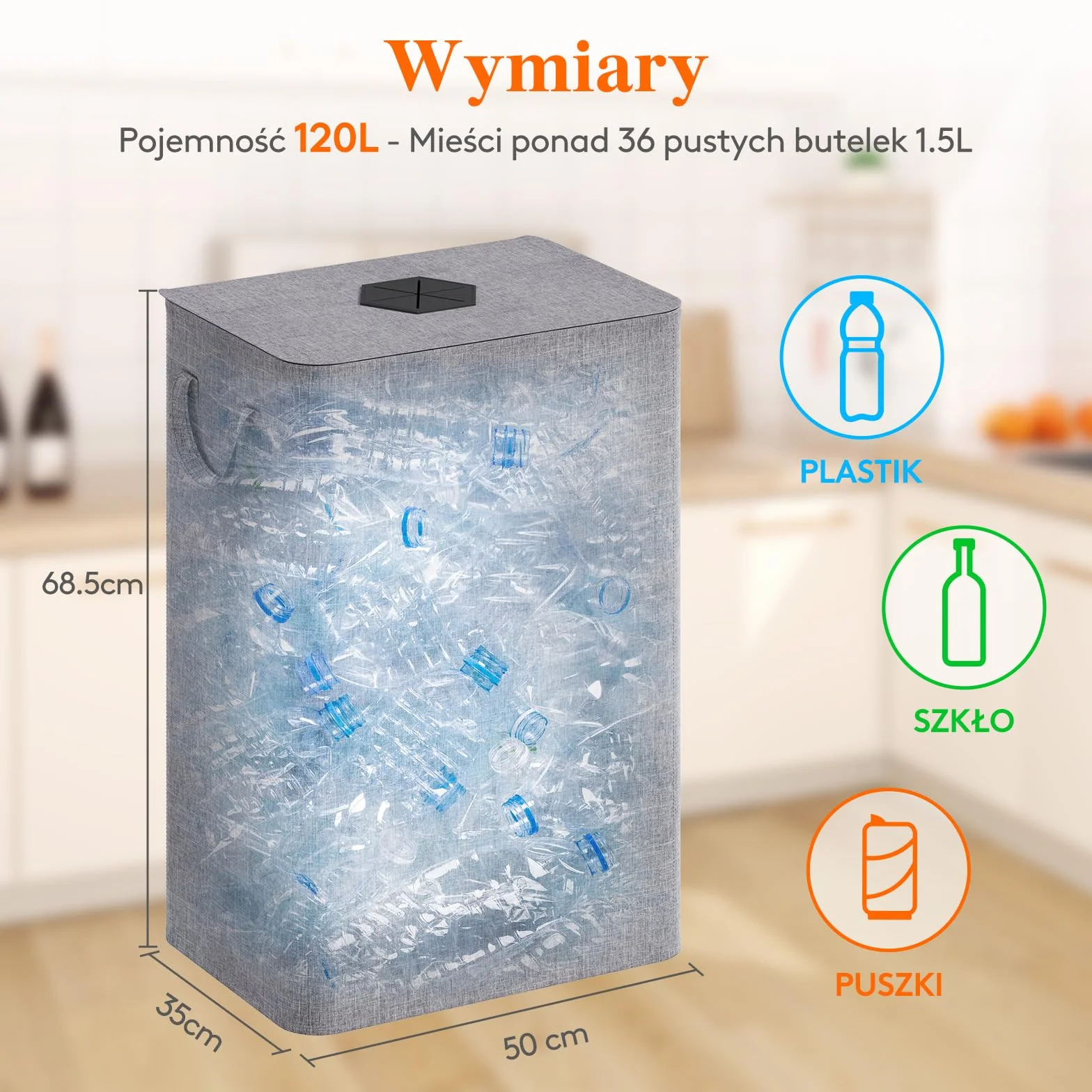 Lifewit 120 l pojemnik kolekcjonerski z pokrywką, organizator, torba na butelki, szary