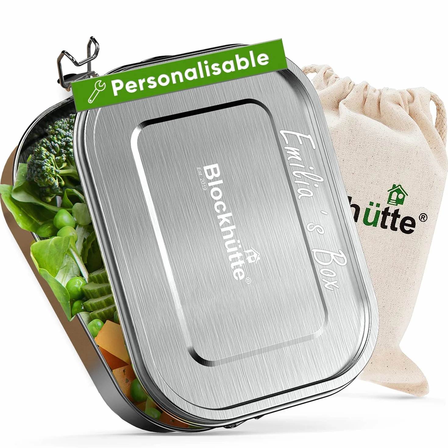 Blockhütte Personalizowany pojemnik na lunch ze stali nierdzewnej z grawerowaniem, 1400 ml, z imieniem, pudełko bento dla dorosłych, 3 przegródki, pudełka na posiłki