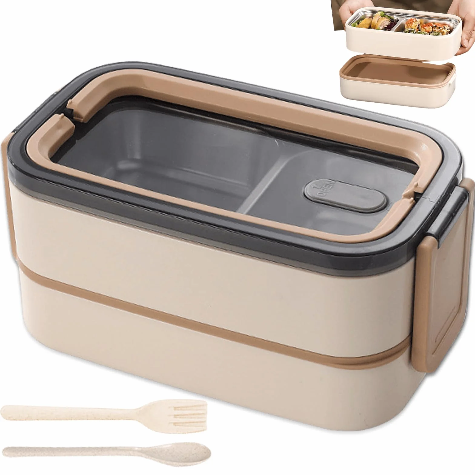 Pudełko Bento Box, 2 poziome, z przegródkami, 1400 ml, ze stali nierdzewnej, hermetyczne, nie zawiera BPA, z zestawem sztućców