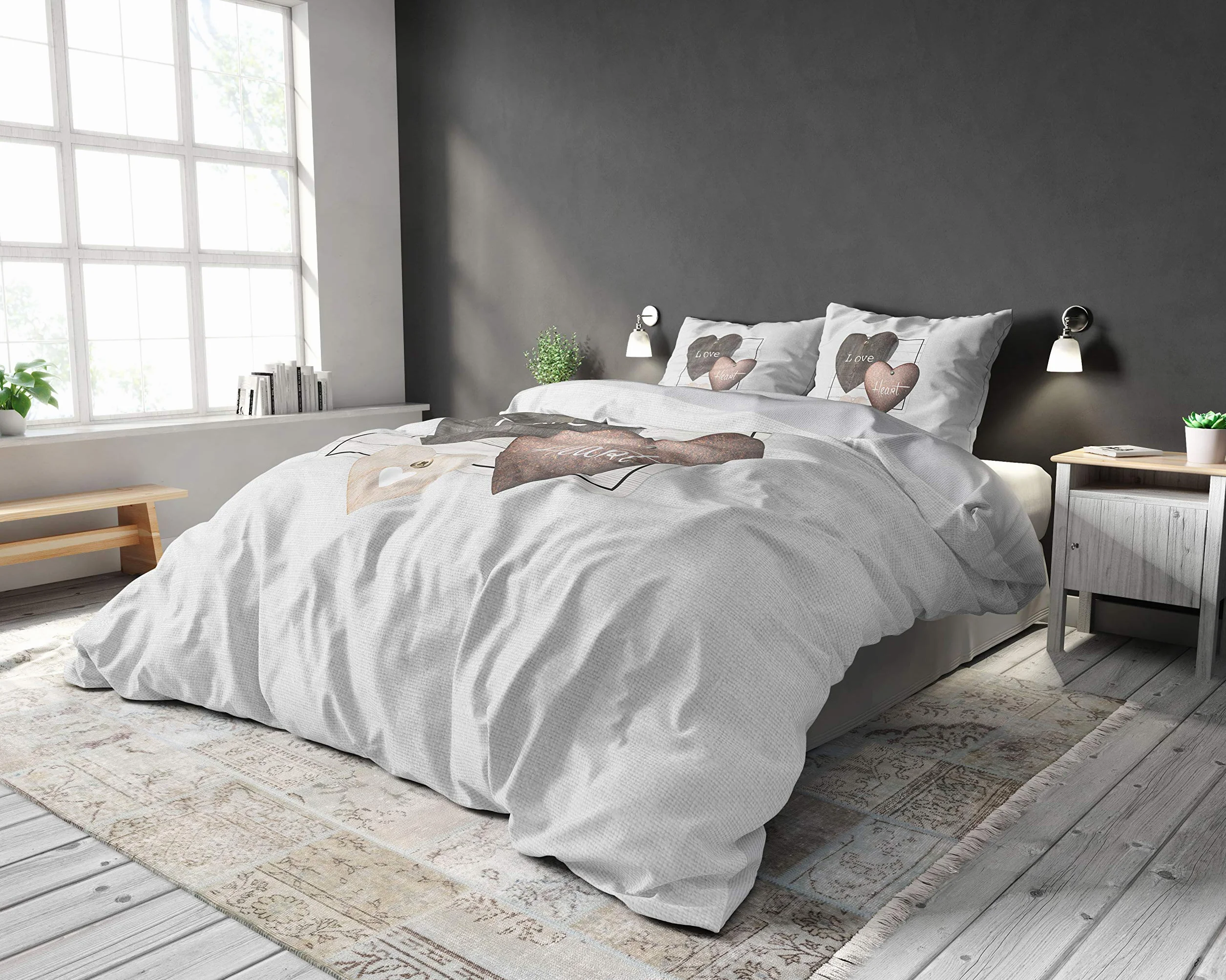 SLEEP TIME Poszewka na kołdrę 100% Bawełna Miłość Serca, 200 x 220cm, 60 x 70cm, szara