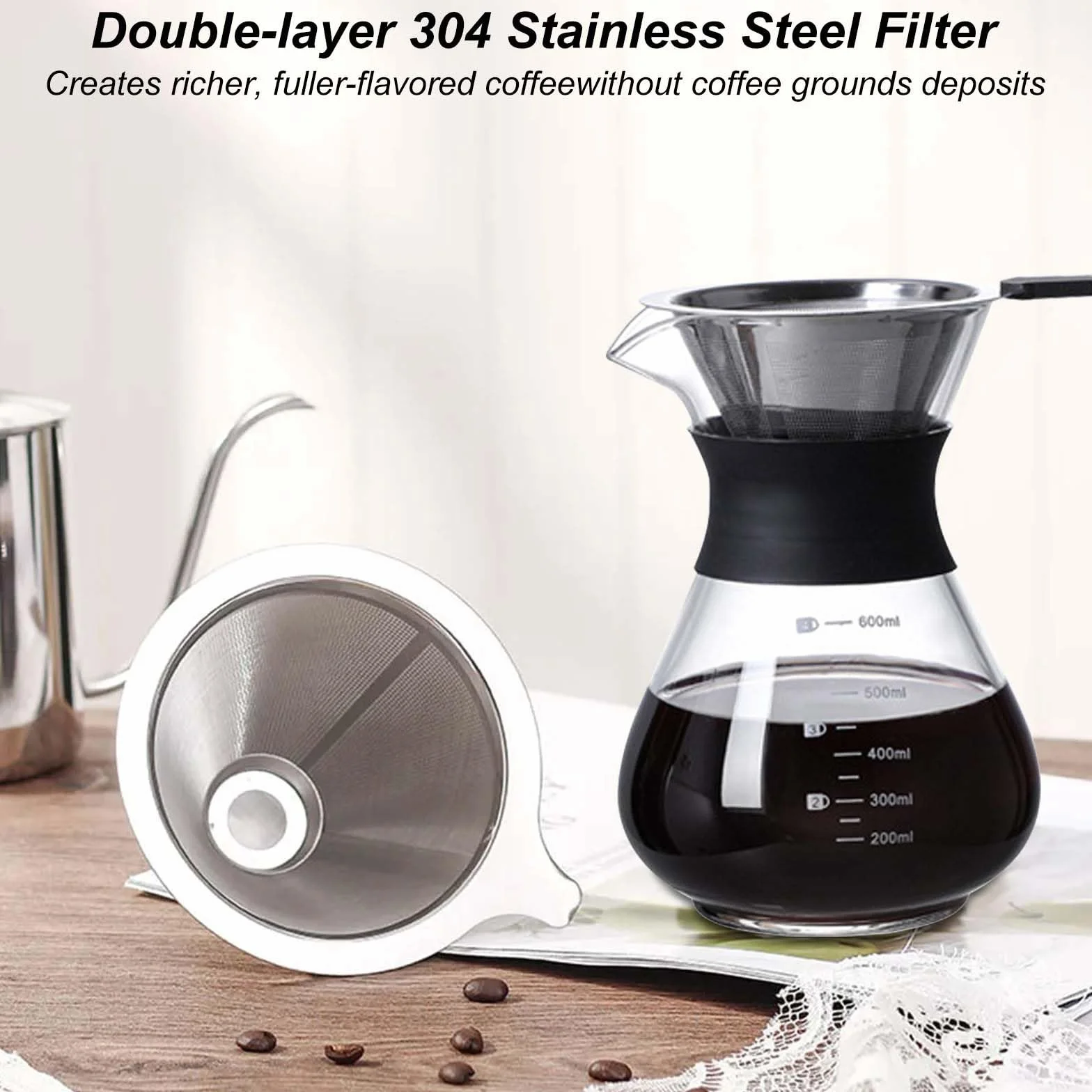 Pour Over zaparzacz do kawy 600 ml stal nierdzewna filtr ręczny szkło czarny