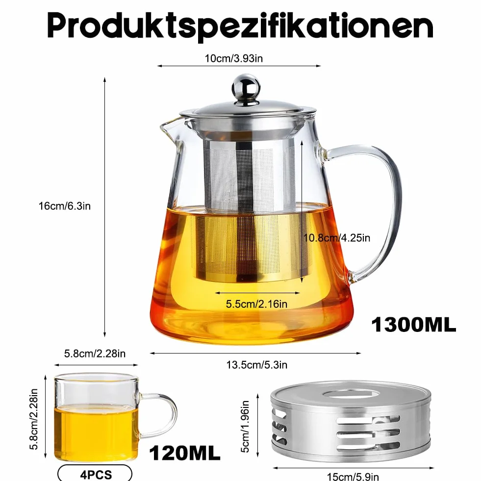 CEWROM Szklany dzbanek do herbaty z sitkiem i podgrzewaczem, dzbanek do herbaty ze szkła borokrzemowego (1,3 l) + 4 x 120 ml szklana filiżanka do herbaty, dzbanek do herbaty, do czarnej herbaty,
