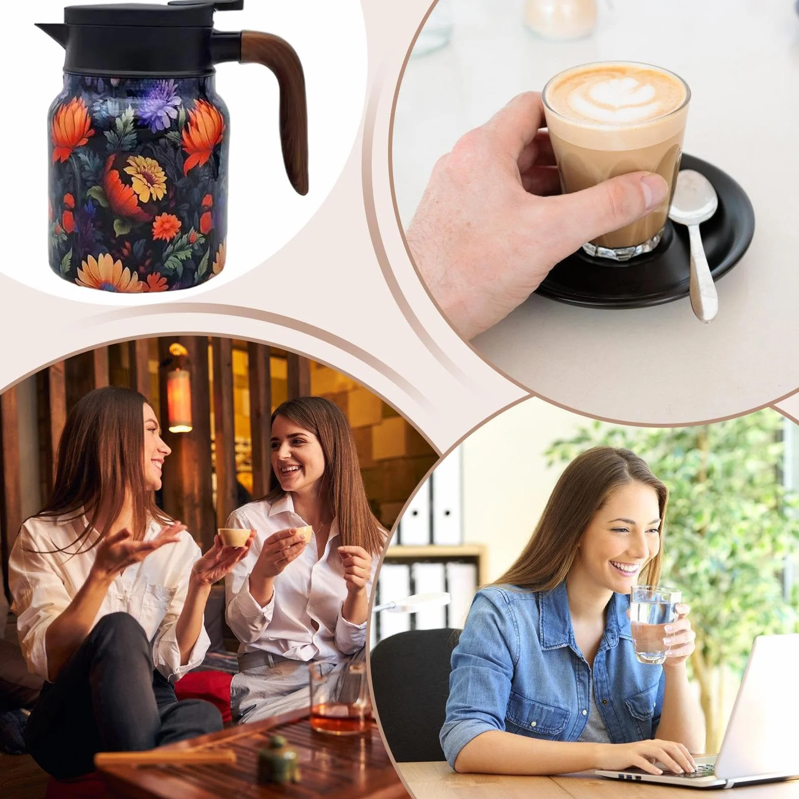 Termiczne dzbanki do herbaty, dozownik kwiatów w stylu retro, dozownik napojów do kawy, sitko do herbaty z eleganckim kwiatowym wzorem retro do utrzymywania kawy, herbaty i napojów gorących lub
