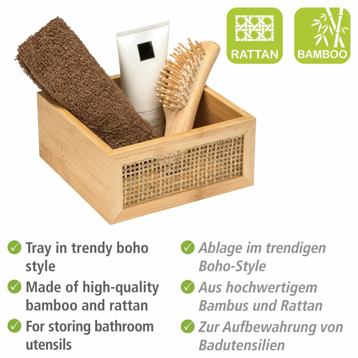 WENKO Półka łazienkowa Allegre M, dekoracyjna półka w modnym stylu boho, wykonana z wysokiej jakości bambusa i plecionki rattanowej, do praktycznego przechowywania akcesoriów łazienkowych lub akcesoriów, 15 x 7 x 15 cm, kolor naturalny