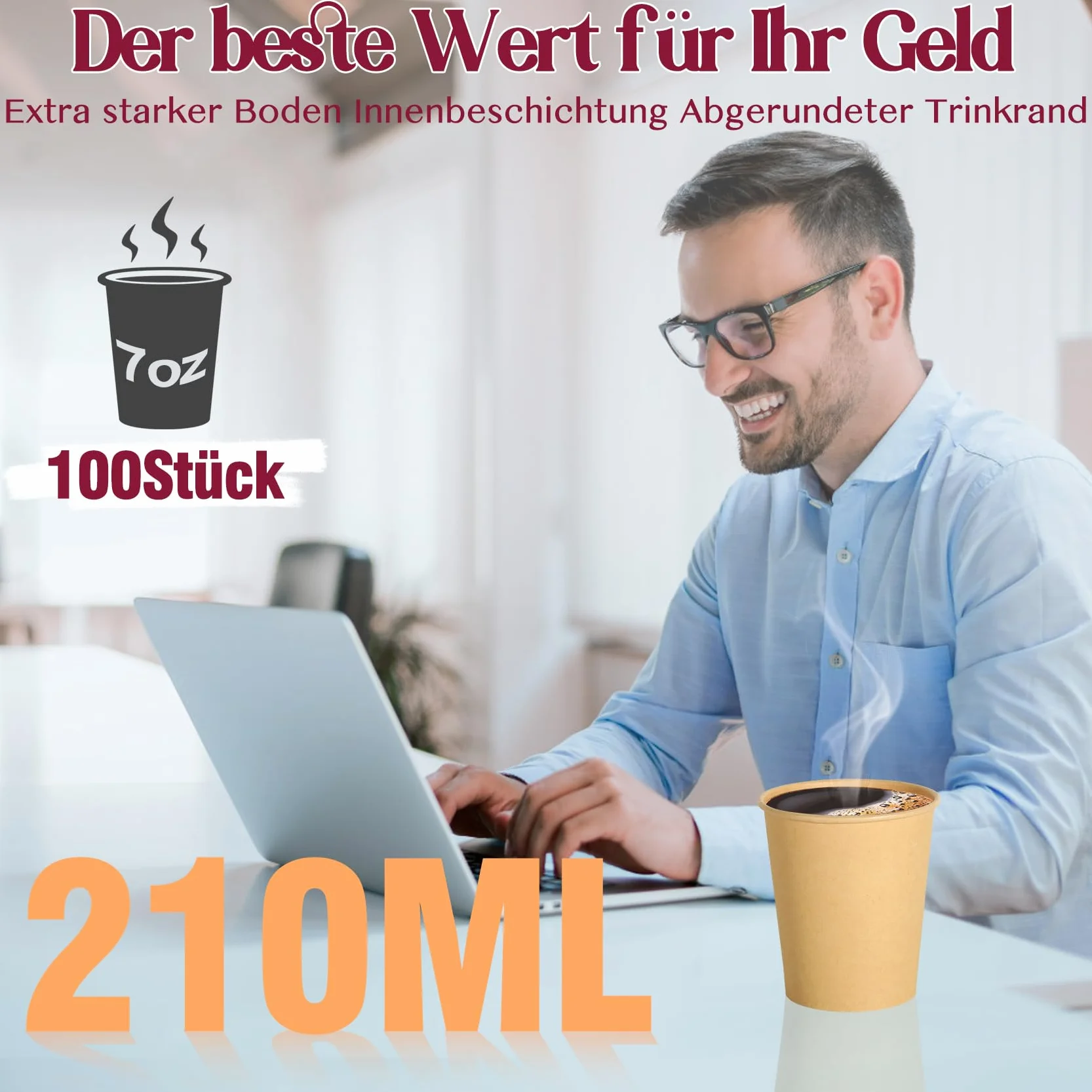 Kubek do kawy, 100 sztuk, kartonowe kubki do kawy, 210 ml, jednorazowe, szklanki do herbaty, kubki kartonowe, do gorących i zimnych napojów, brązowe