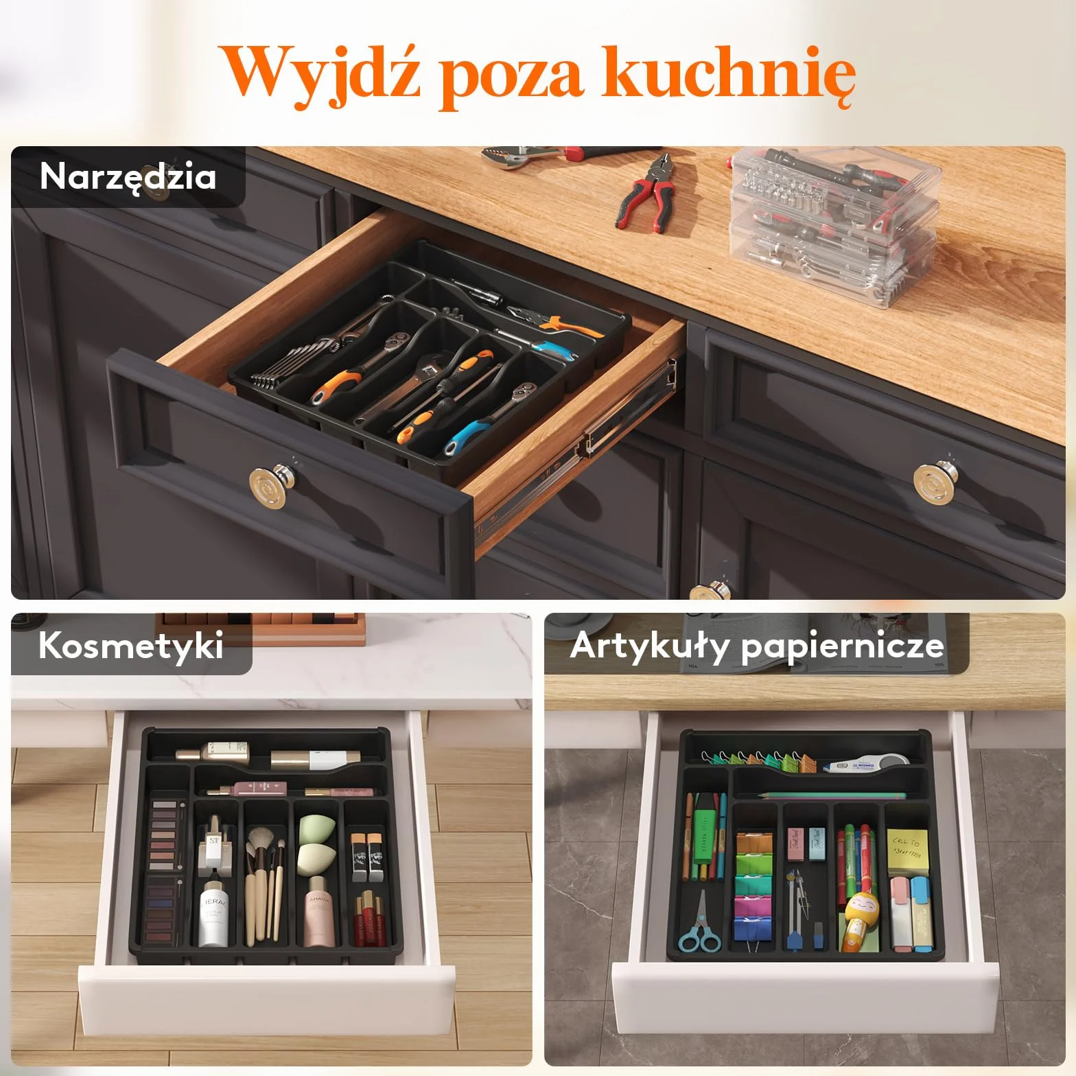 Lifewit Organizer do Szuflady na Sztućce, Plastikowa Taca na Sztućce do Szuflady Kuchennej, Uchwyt z Przegrodami na Łyżki, Widelce i Noże, 7 Przegródek, Czarny