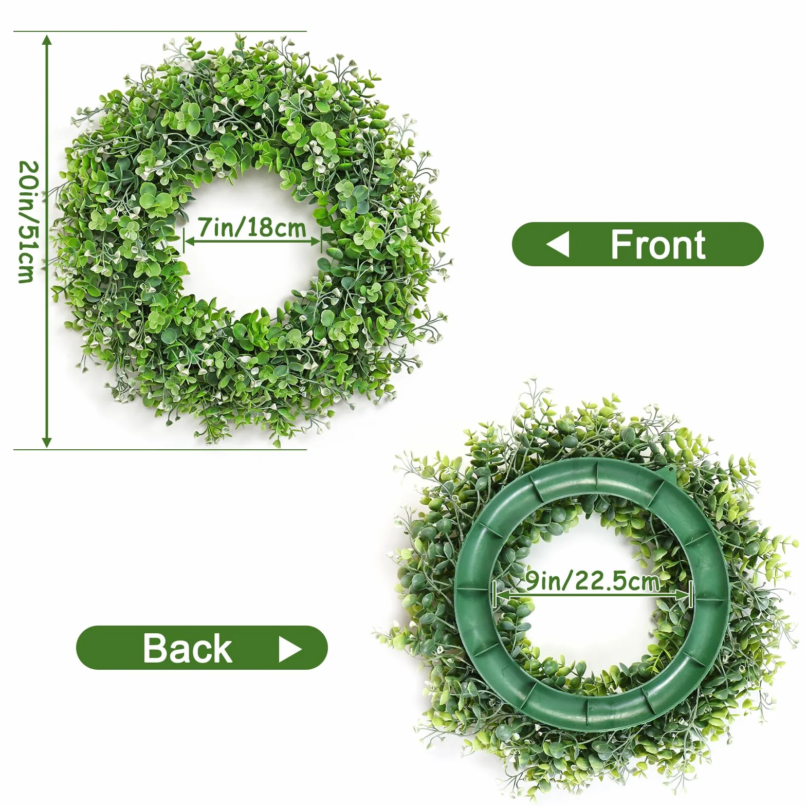 Sztuczny wieniec eukaliptusowy na drzwi 20 cali (51 cm) wiosenny letni z zielonymi liśćmi białymi kwiatami