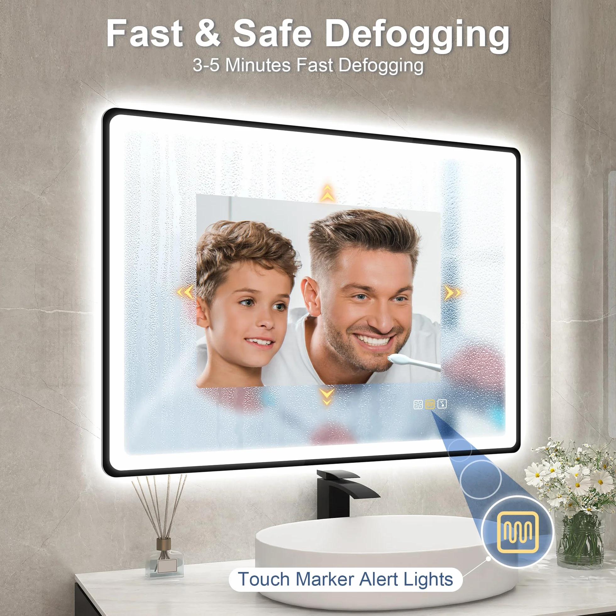 STARLEAD Czarne lustro LED łazienka ze światłem 80 x 60 cm, Bluetooth, 3 kolory światła, możliwość ściemniania, ochrona przed mgłem, pamięć, IP44, szkło hartowane, poziome/pionowe, rama niemetaliczna