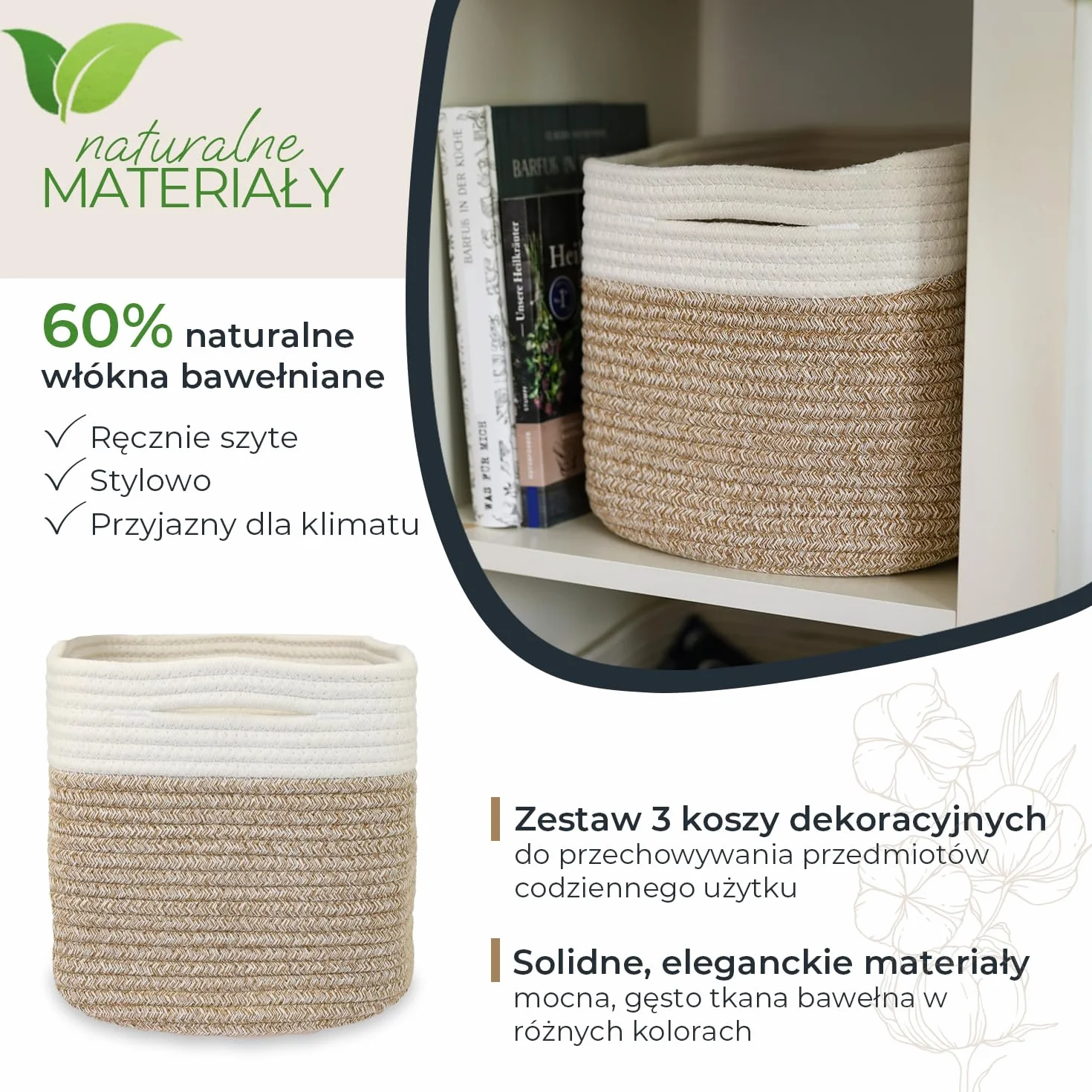 HMF Kosz do przechowywania z ukrytymi uchwytami, zestaw 3 sztuk, kosz bawełniany, 37,5 x 25 x 22,5 cm, biały/brązowy