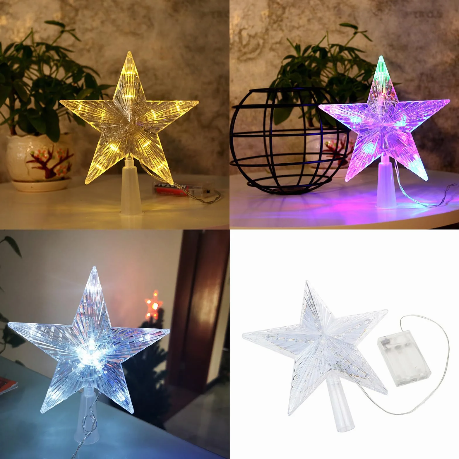 Ozdoby choinkowe, czubek choinkowy z 10 diodami LED z wtyczką elektryczną – 16 x 16 cm, świecący pentagram, gwiazda na choinkę (białe światło, 16 x 16 cm)