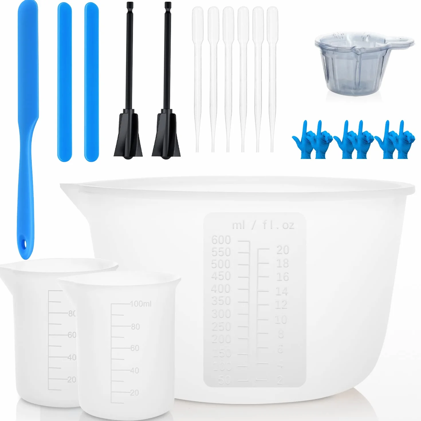 Silikonowe kubki z żywicy epoksydowej, kubek z miarką 600 i 100 ml, pałeczki do mieszania, szpatułki silikonowe, łopatki do mieszania, miarki, pipety, rękawiczki, łatwe czyszczenie