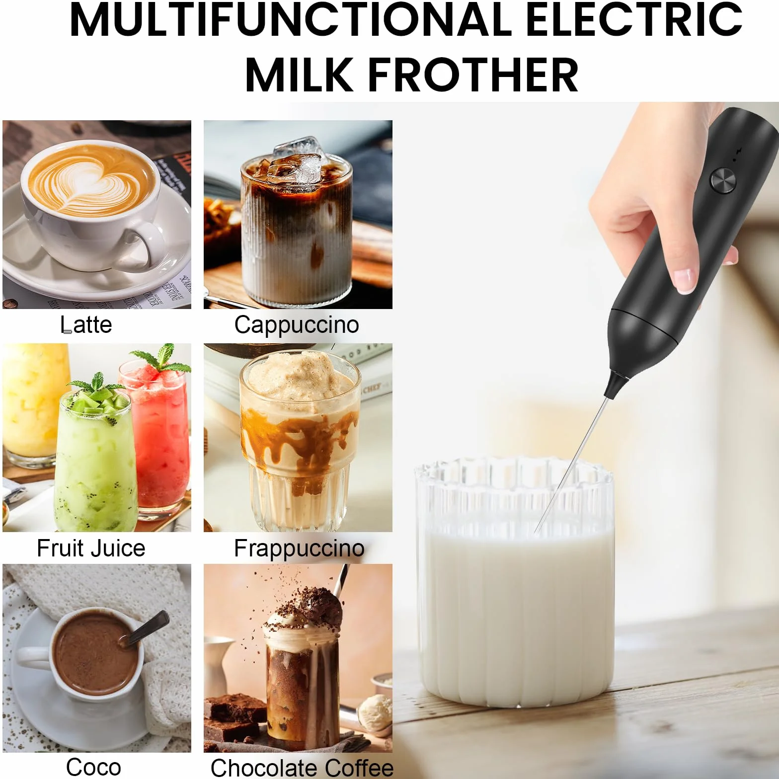 Weinsamkeit Elektryczny spieniacz do mleka, z możliwością ponownego ładowania, USB, ręczny elektryczny spieniacz do mleka, do kawy, latte, cappuccino, macha, macchiato