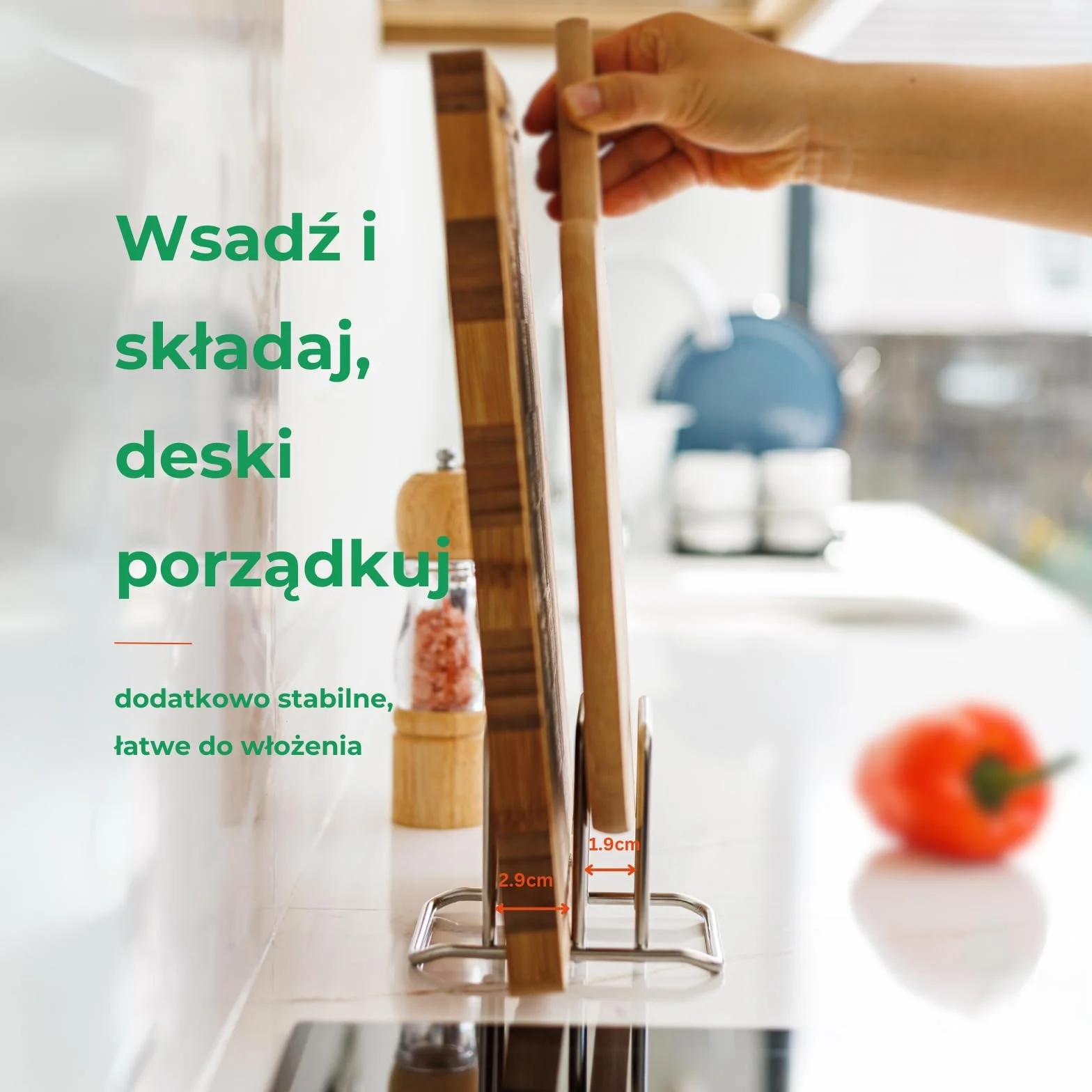 CLOVE Stojak na Deskę do Krojenia ze Stali Nierdzewnej 18/10 z 2 Przegródkami 1.9 cm i 2.9 cm, Uchwyt na Deskę Kuchenną, Organizer Blatowy Antypoślizgowy Odporny na Rdzę