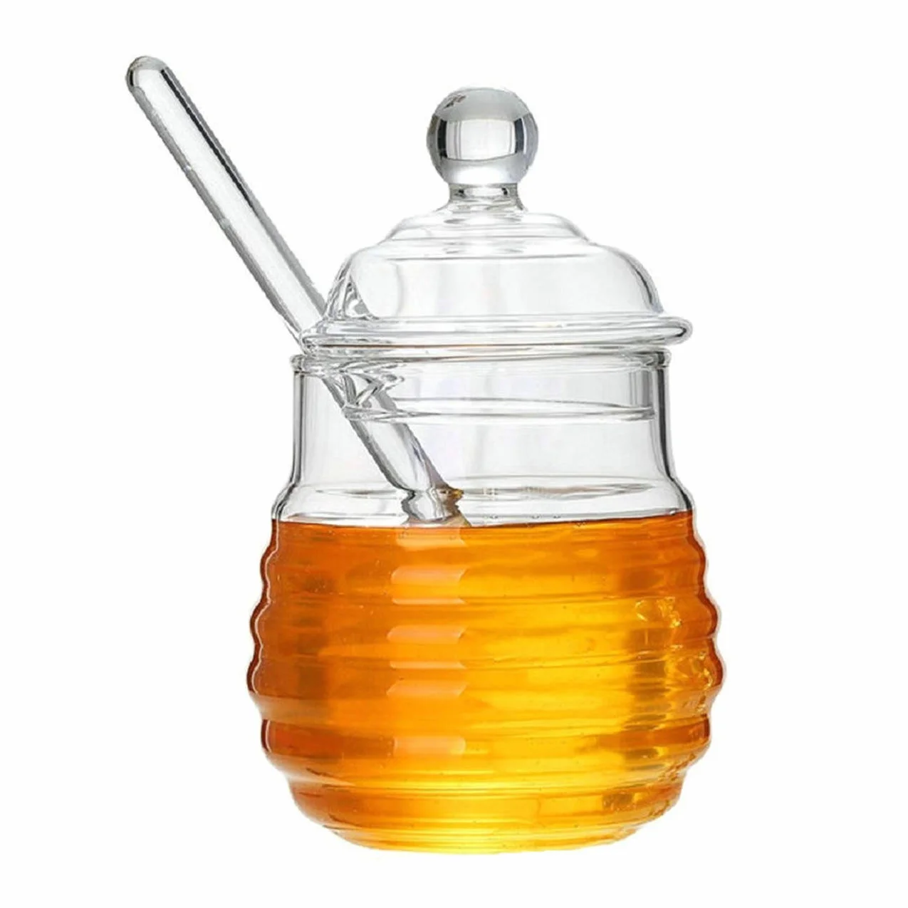 GuDoQi Szklany garnek na miód z pojemnikiem i łyżeczką, słoik do serwowania miodu i syropu, 250 ml