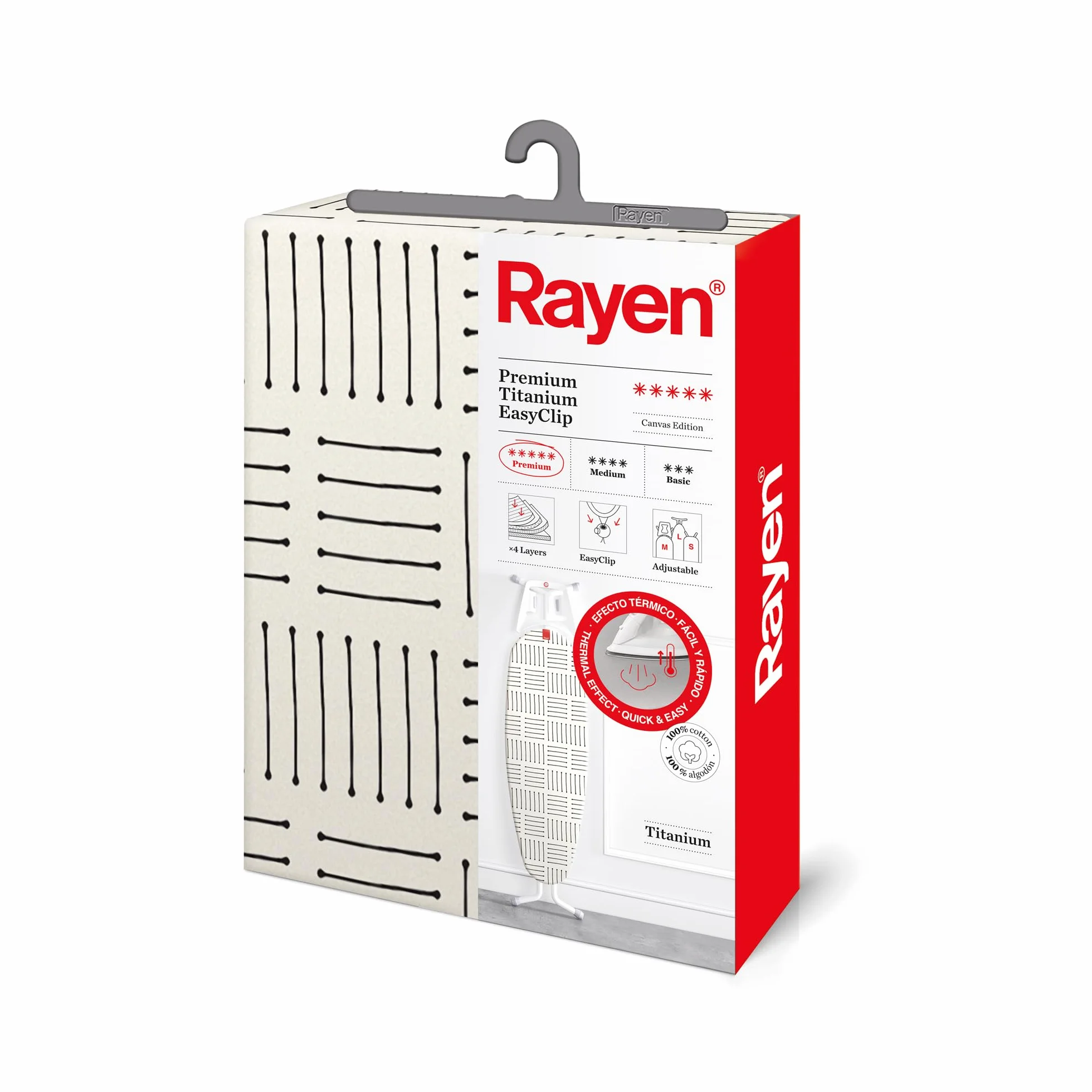 Rayen 6303.01 (łatwa do dopasowania wyściełana deska do prasowania system EasyClip) 4 warstwy: pianka, flanela, wysokiej jakości pokrowiec z tkaniny płóciennej z powłoką tytanową. Zakres premium. 130