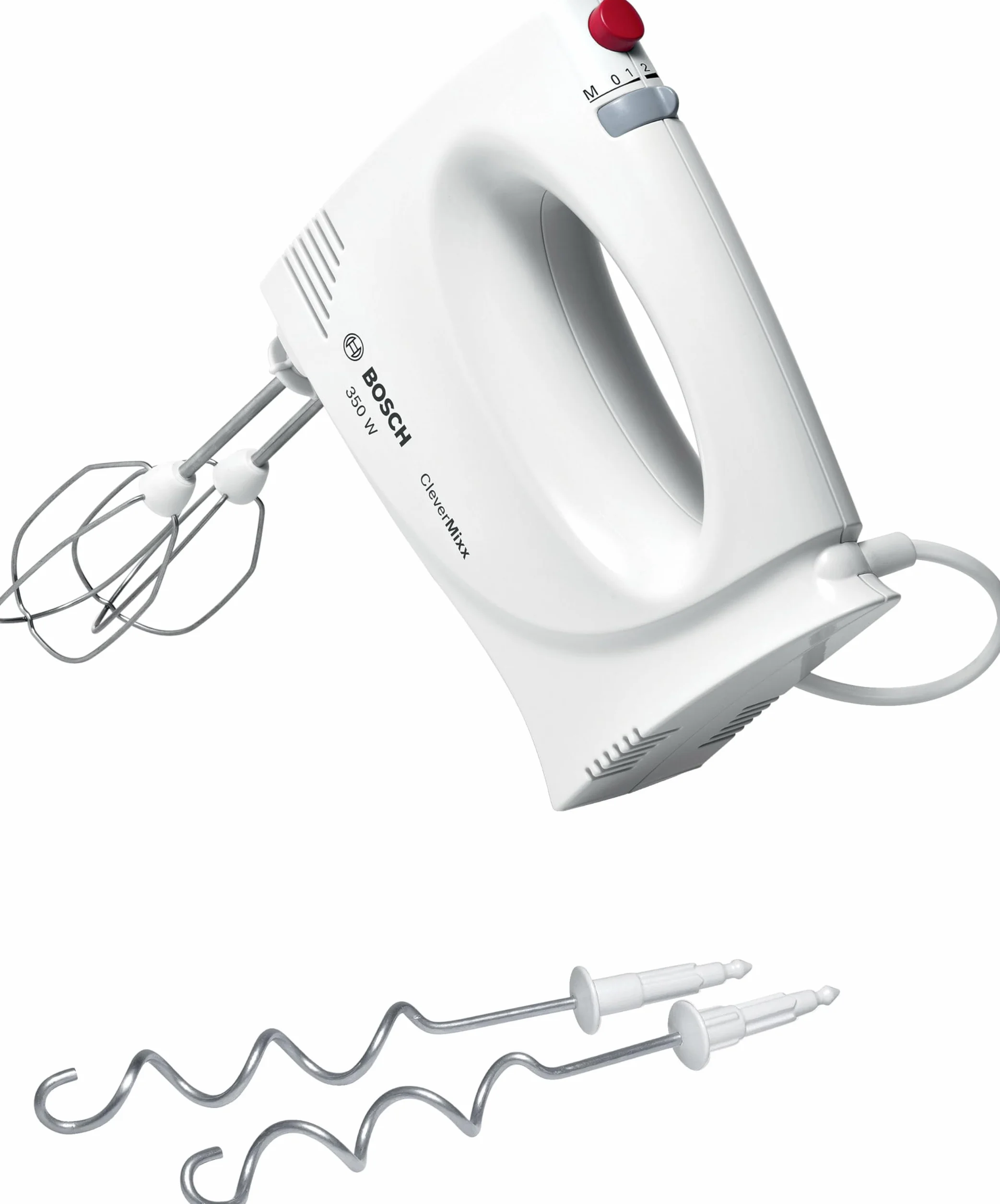 Bosch, mikser ręczny CleverMixx, 350 W, 4 prędkości, funkcja Turbo, haki do ciasta, końcówki do ubijania, lekka obudowa, MFQ3030, biały/czerwony