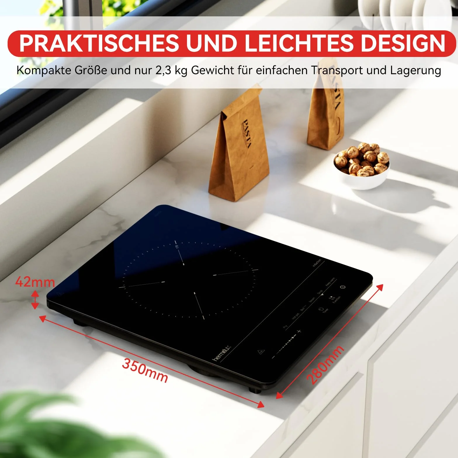 Hermitlux Płyta indukcyjna 1 płyta – 6 programów gotowania, 9 poziomów mocy, timer i funkcja utrzymania ciepła – przenośna płyta indukcyjna 2100 W – kompaktowy rozmiar do kuchni, biura, czarna