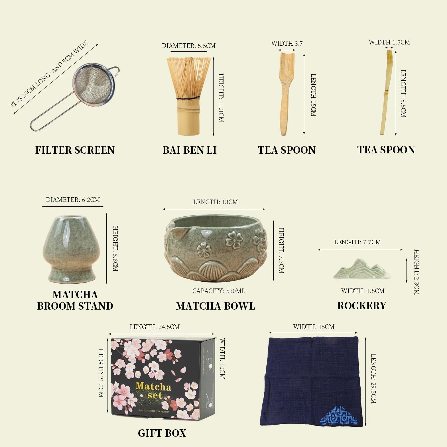 Zestaw do herbaty matcha 8 sztuk, tradycyjny zestaw do ceremonii parzenia zielonej herbaty