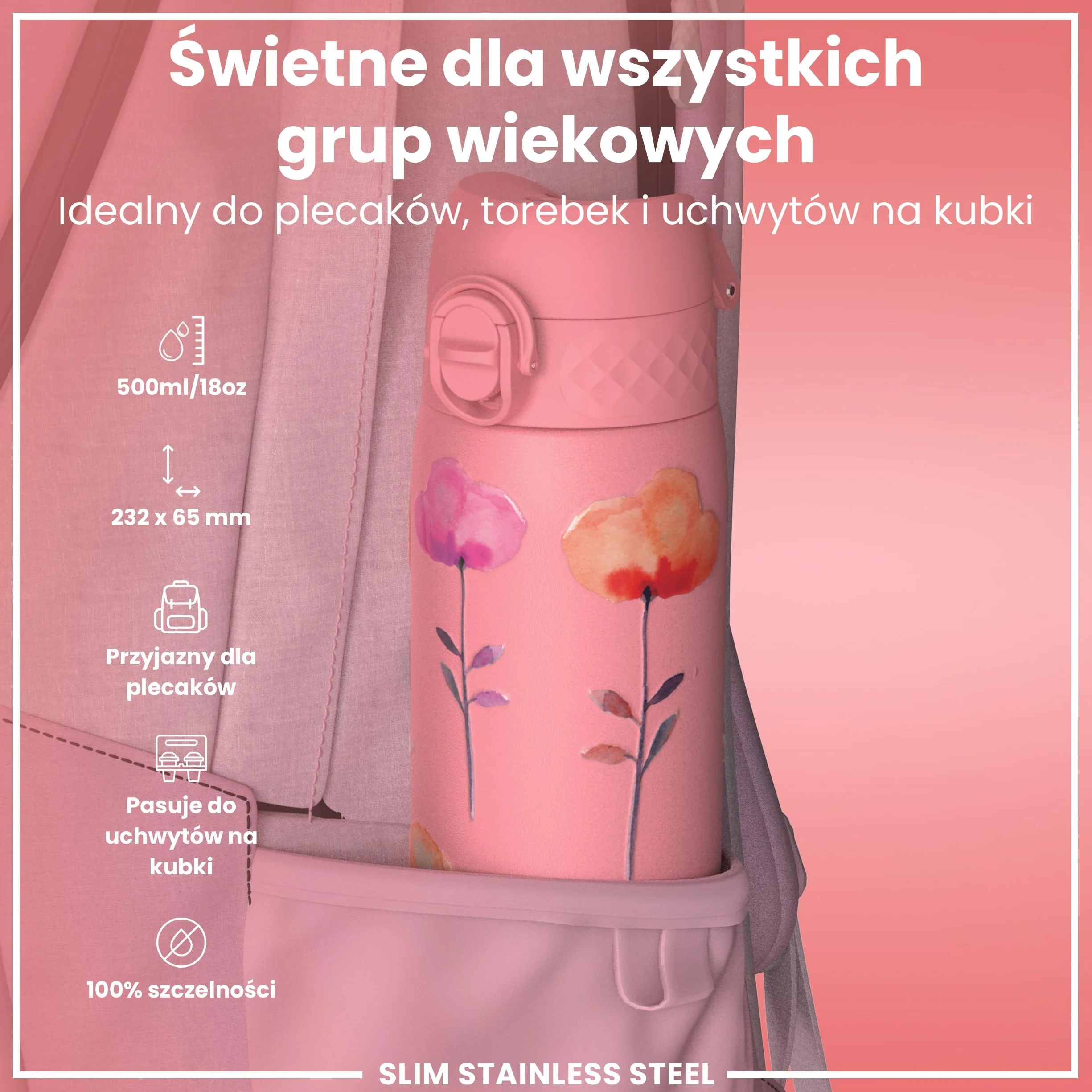 ION8 Butelka na Wodę ze Lekki Stali, 600 ml/20 oz, Nieocieplany, Szczelna, Łatwe Otwieranie, Bezpieczny Zamek, Można Myć w Zmywarce, Higieniczne Pokrycie, Składany Uchwyt, Kwiaty