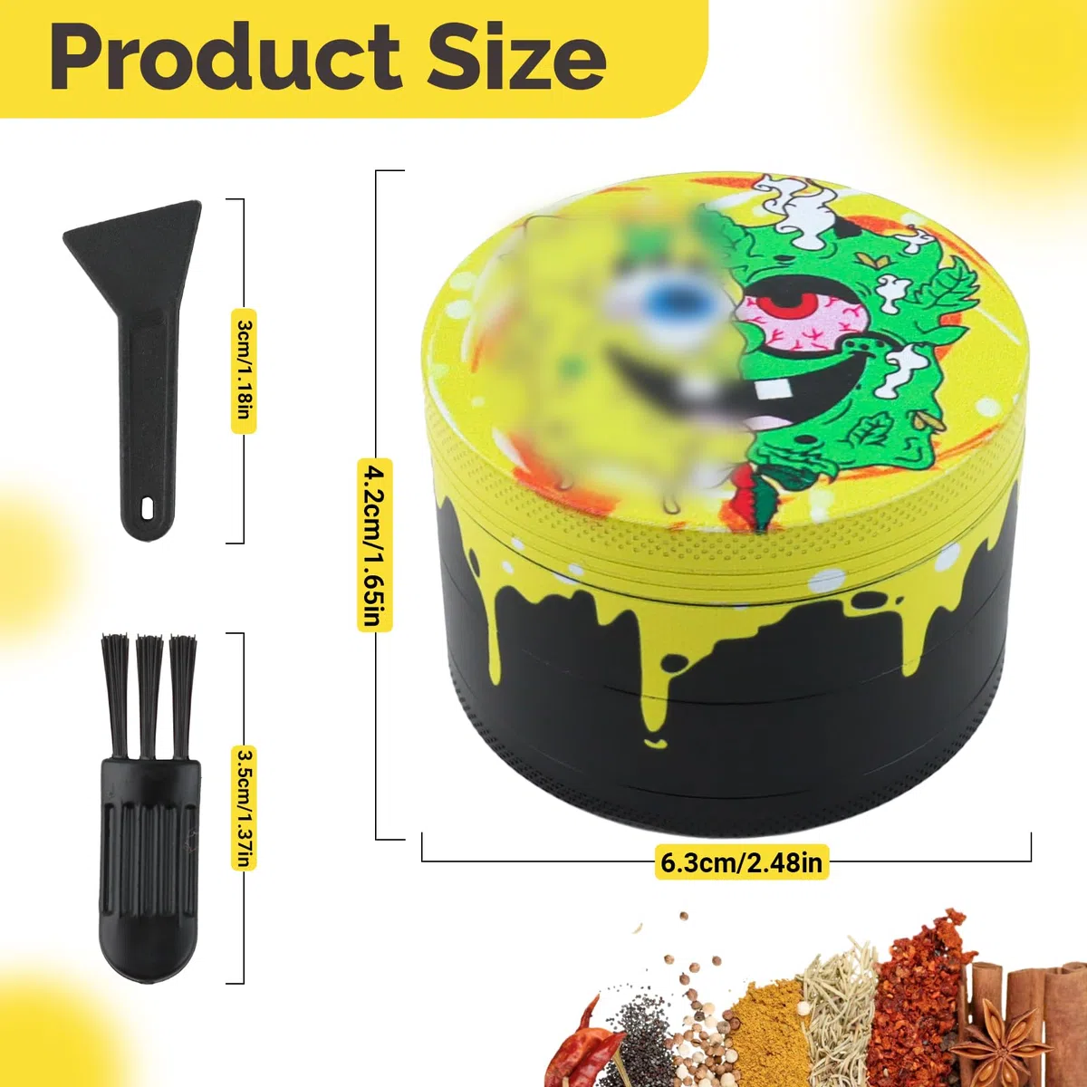 Grinder duża kruszarka 63 mm młynek do przypraw ze skrobakiem i plastikową szczotką szlifierki 4 warstwy żółty design kreskówka młynek do pyłków metal 4-częściowy zestaw do przypraw