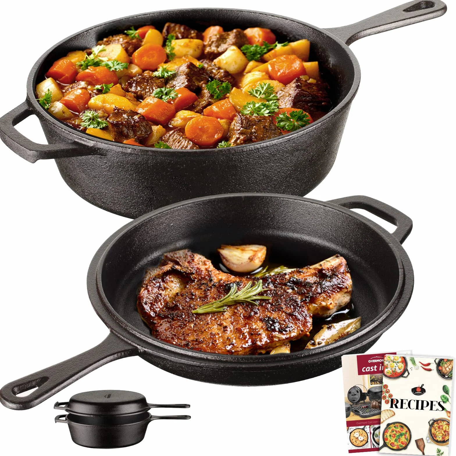 Overmont żeliwny garnek typu Dutch Oven 2 w 1 z pokrywką z funkcją patelni 3 I, garnek żeliwny + 1,4 I pokrywka jako patelnia, gotowy do użycia, z długim uchwytem, do kuchni, na kemping, do ogrodu, BBQ, pieczenia, model: OV009