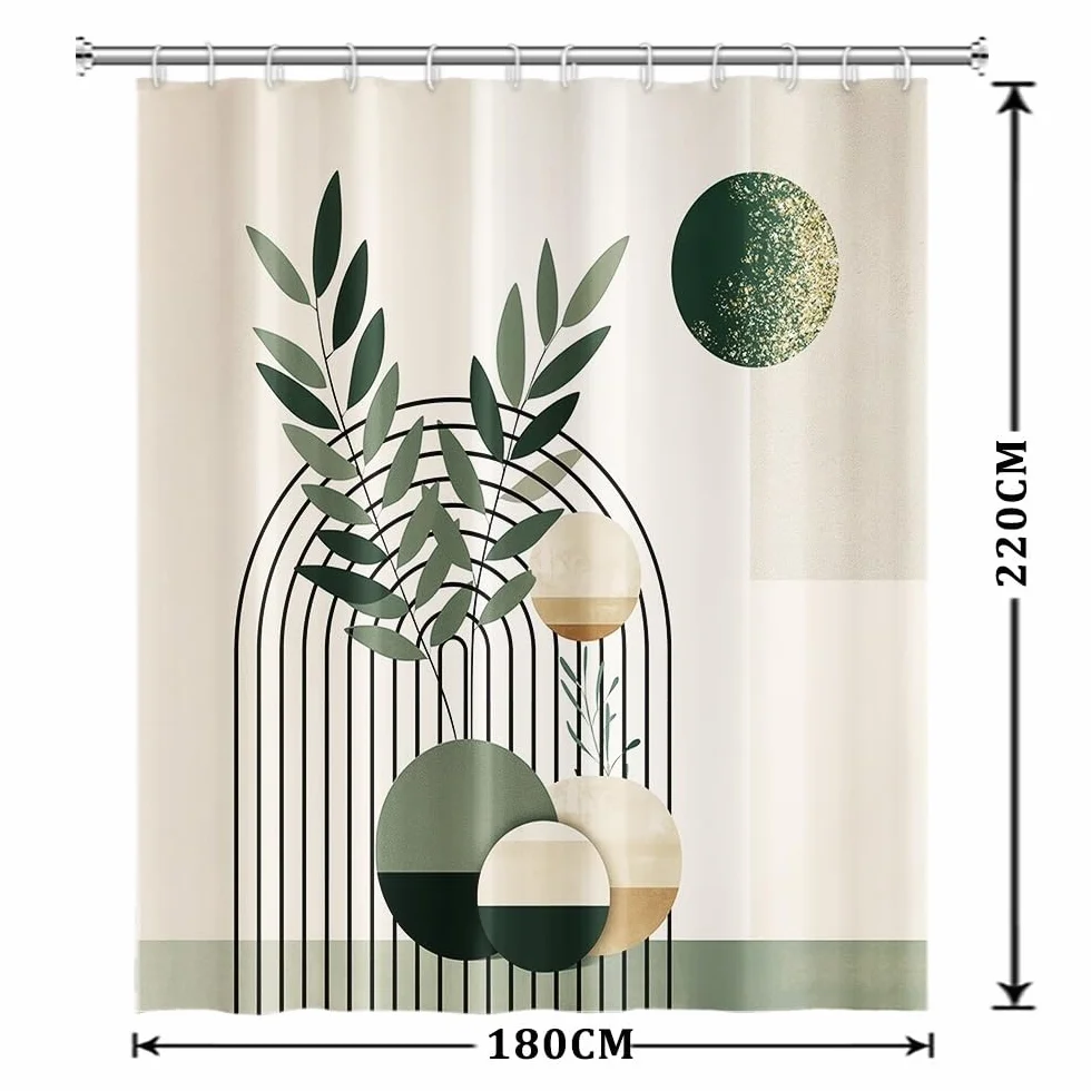 Boho zasłona prysznicowa zielone liście szałwii w stylu mid-century zasłona łazienkowa minimalistyczna geometryczna estetyczna roślina złote kropki odporna na pleśń i grzyb nadająca się do