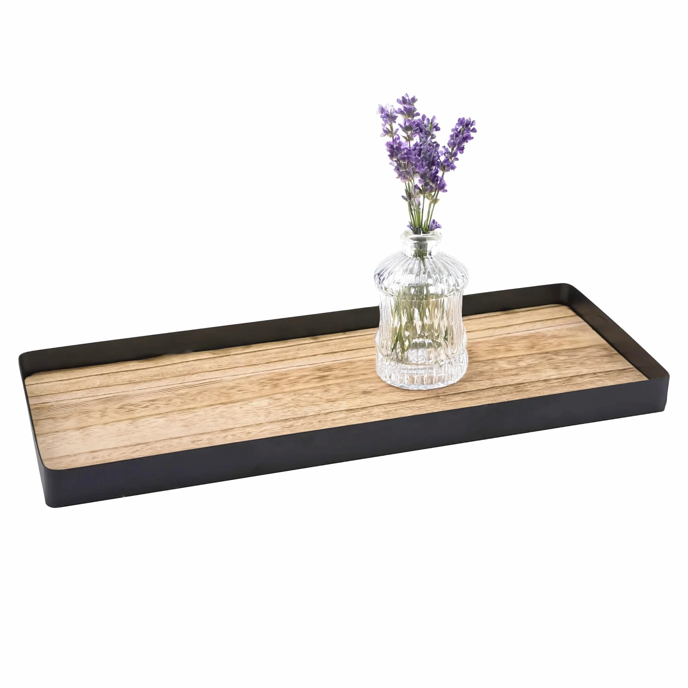 Taca na świece z metalową ramą i drewnianym dnem 45 cm x 18 cm - czarna - taca dekoracyjna czarna naturalna prostokątna z krawędzią - taca do serwowania świec, Boże Narodzenie, adwent, prezent