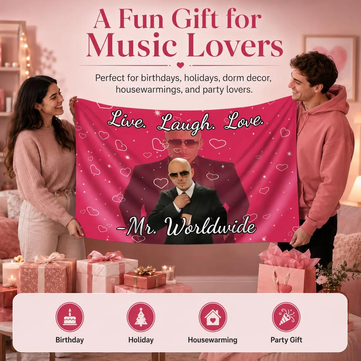 Myqiqi Mr Worldwide Gobelin, Live Laugh Love, zabawny gobelin z metalowymi haczykami pierścieniowymi do wewnątrz lub na zewnątrz, dekoracja ścienna (90 x 150 cm)