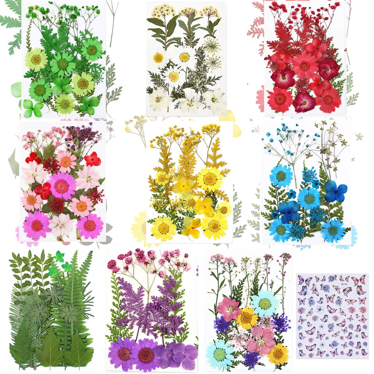 Cayway 8-pak suszonych kwiatów do form żywicznych, naturalne prasowane kwiaty i liście z naklejką motylkową do scrapbookingu, DIY