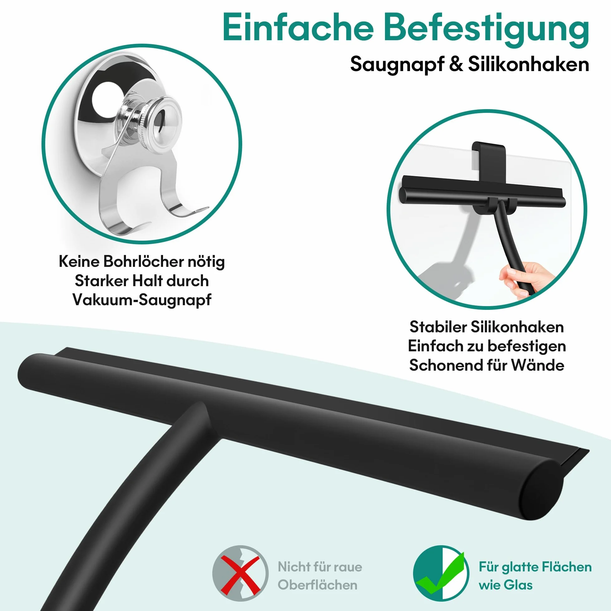 Shower Squeegee ściągaczka prysznicowa, 28 cm, silikonowa, szeroka, czarna – ściągaczka do prysznica i łazienki z uchwytem, bez wiercenia, ściągacz do okien z przyssawką i hakiem