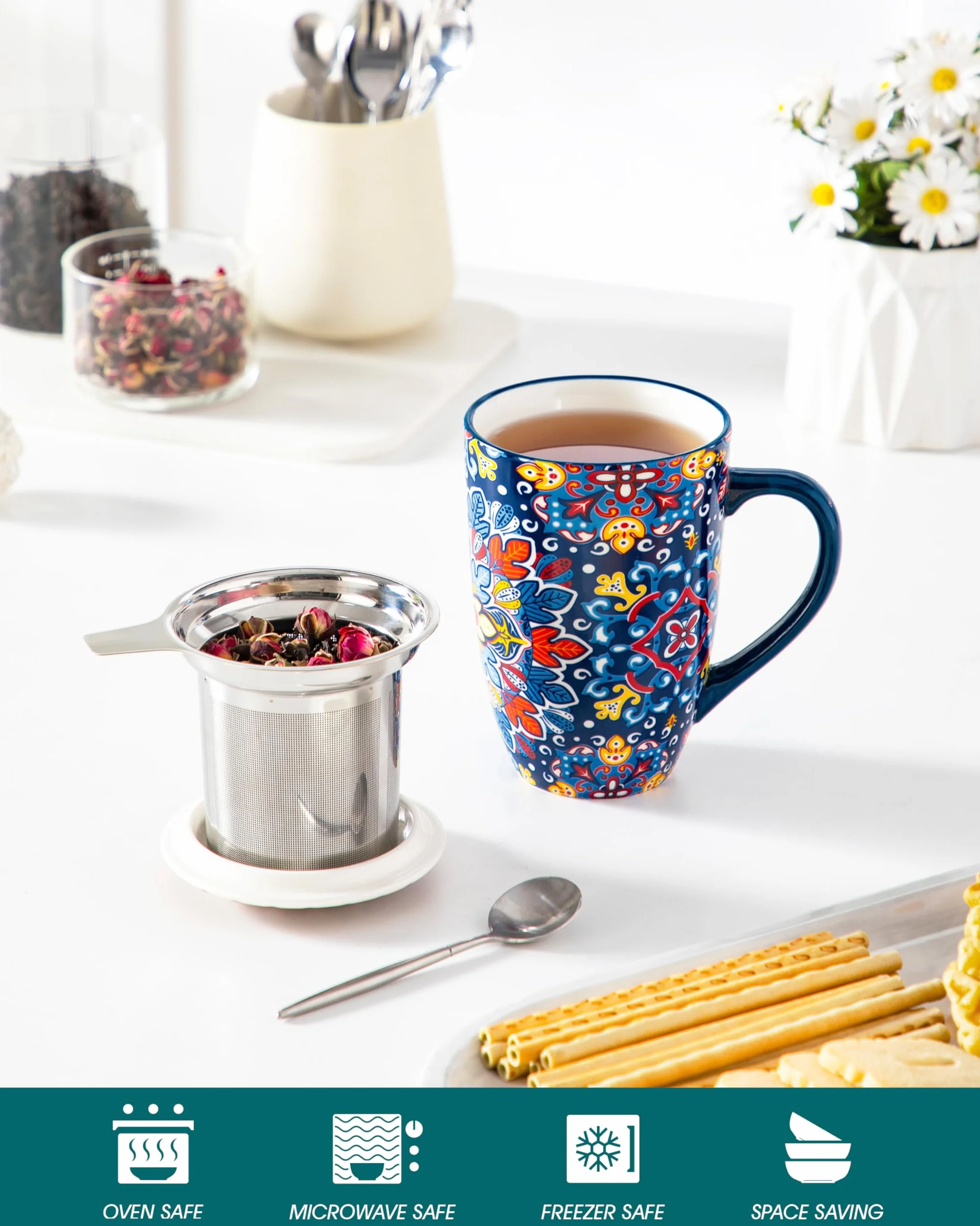 vancasso Filiżanka do herbaty z pokrywką i sitkiem, 540 ml, ceramiczna filiżanka do herbaty, duża, piękna filiżanka z sitkiem, na herbatę sypką, nadaje się do mycia w zmywarce i używania w kuchence