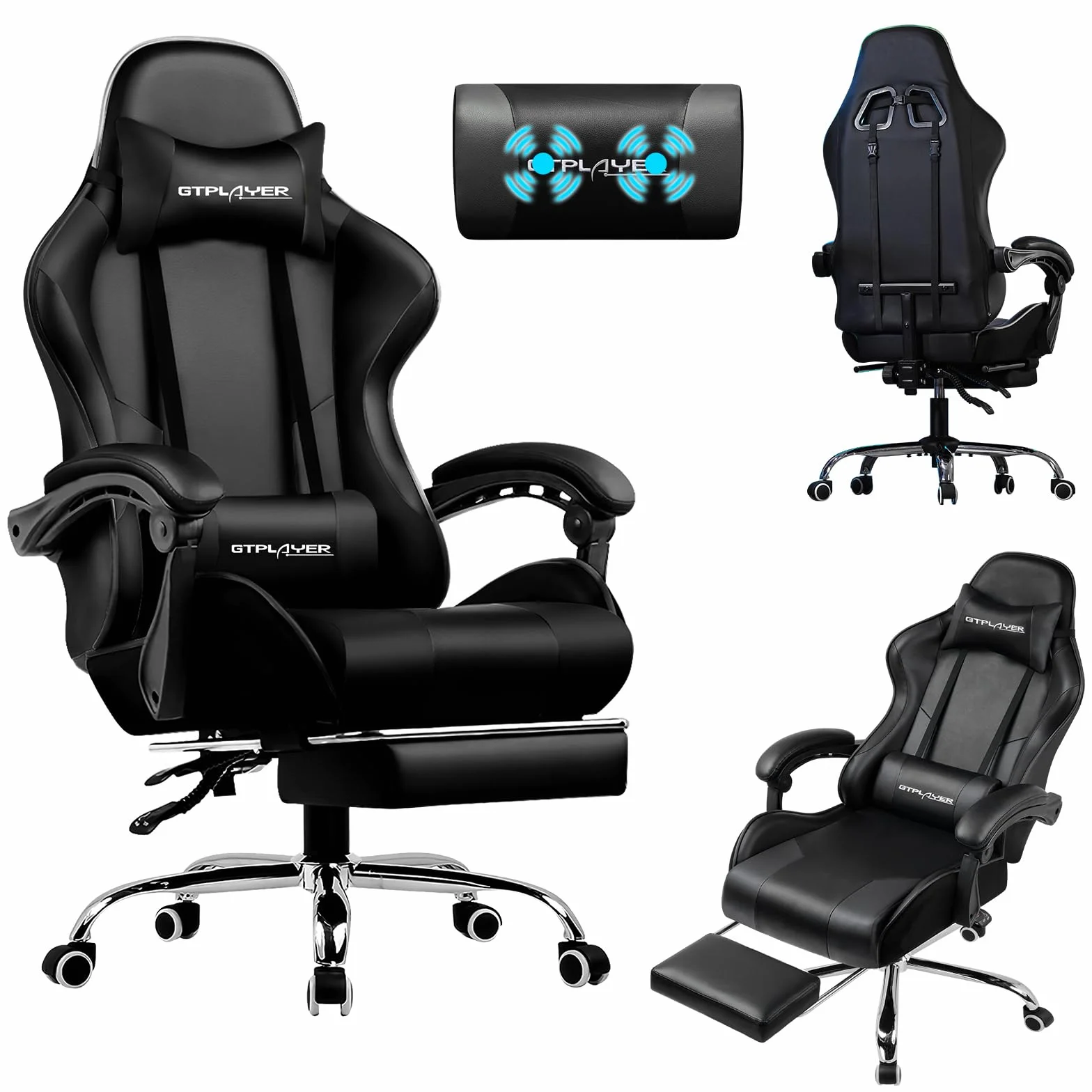 LUCKRACER Fotel do gier, fotel gamingowy z masażem, ergonomiczne krzesło biurowe z podnóżkiem, 150 kg, siedzisko do gier, z zagłówkiem i wysuwanym podnóżkiem, czarny