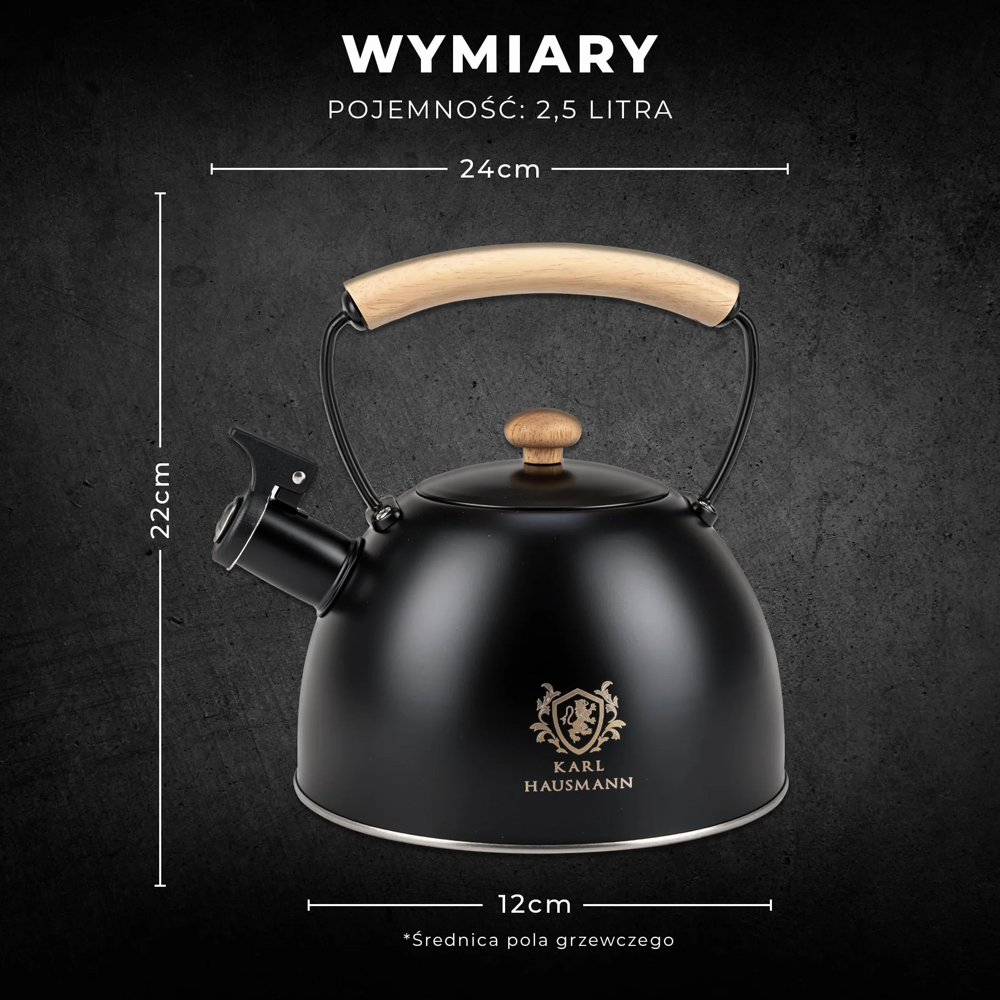 KARL HAUSMANN Czajnik Stalowy - 2.5L - na Kuchenkę Indukcyjną, Gazową i Elektryczną - Uchwyt Cool-Touch - do Herbaty, Kawy - z Gwizdkiem i Pokrywką - Odporny na Zarysowania