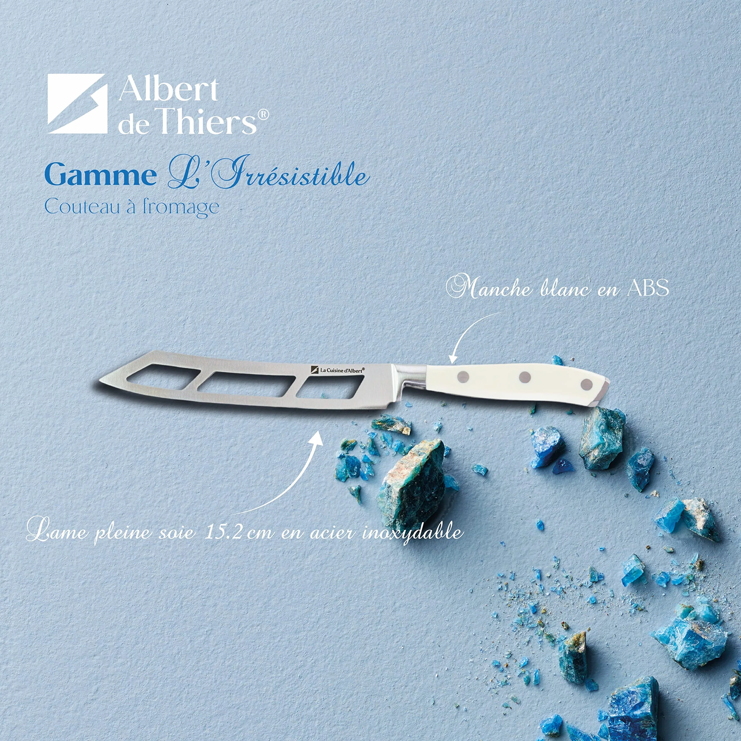 Albert de Thiers - L'IRRESISTIBLE - Nóż do sera 15,2 cm - Ażurowe ostrze ze stali nierdzewnej - 3 nity rękojeści ABS - Ochrona PVC - Na karcie 80 x 280 mm
