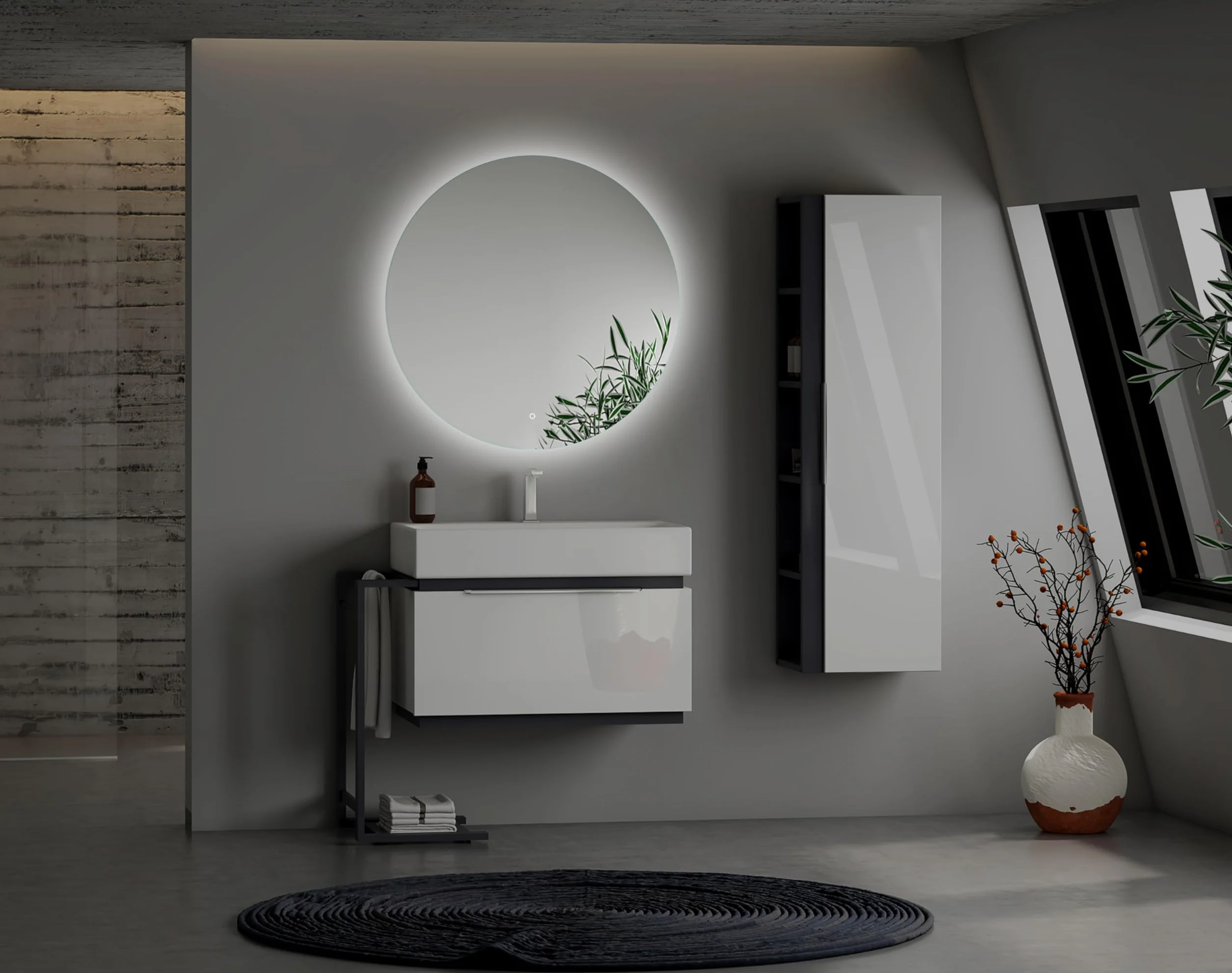 Okrągłe lustro łazienkowe 80 cm z oświetleniem LED, Okrągłe lustro ścienne LED z włącznikiem, Lustro z naturalnym białym światłem, Podświetlane z tyłu