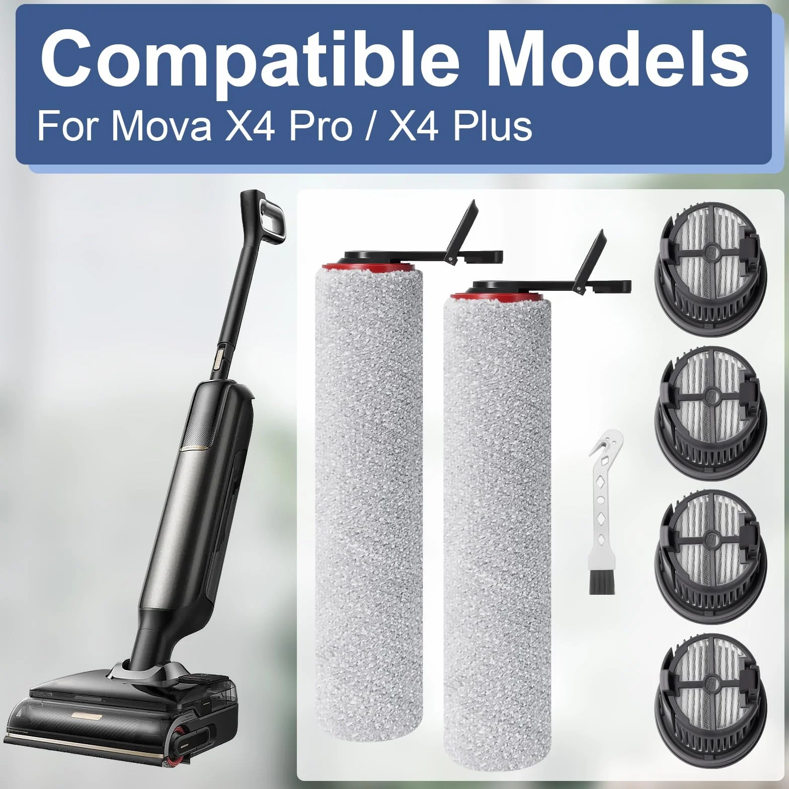 Rolka szczotki, filtr części zamienne do Mova M50 Ultra/X4 Pro/X4 Plus, zestaw akcesoriów do odkurzacza na mokro i sucho, 2 rolki szczotki + 4 filtry suche + 1 szczotka do czyszczenia
