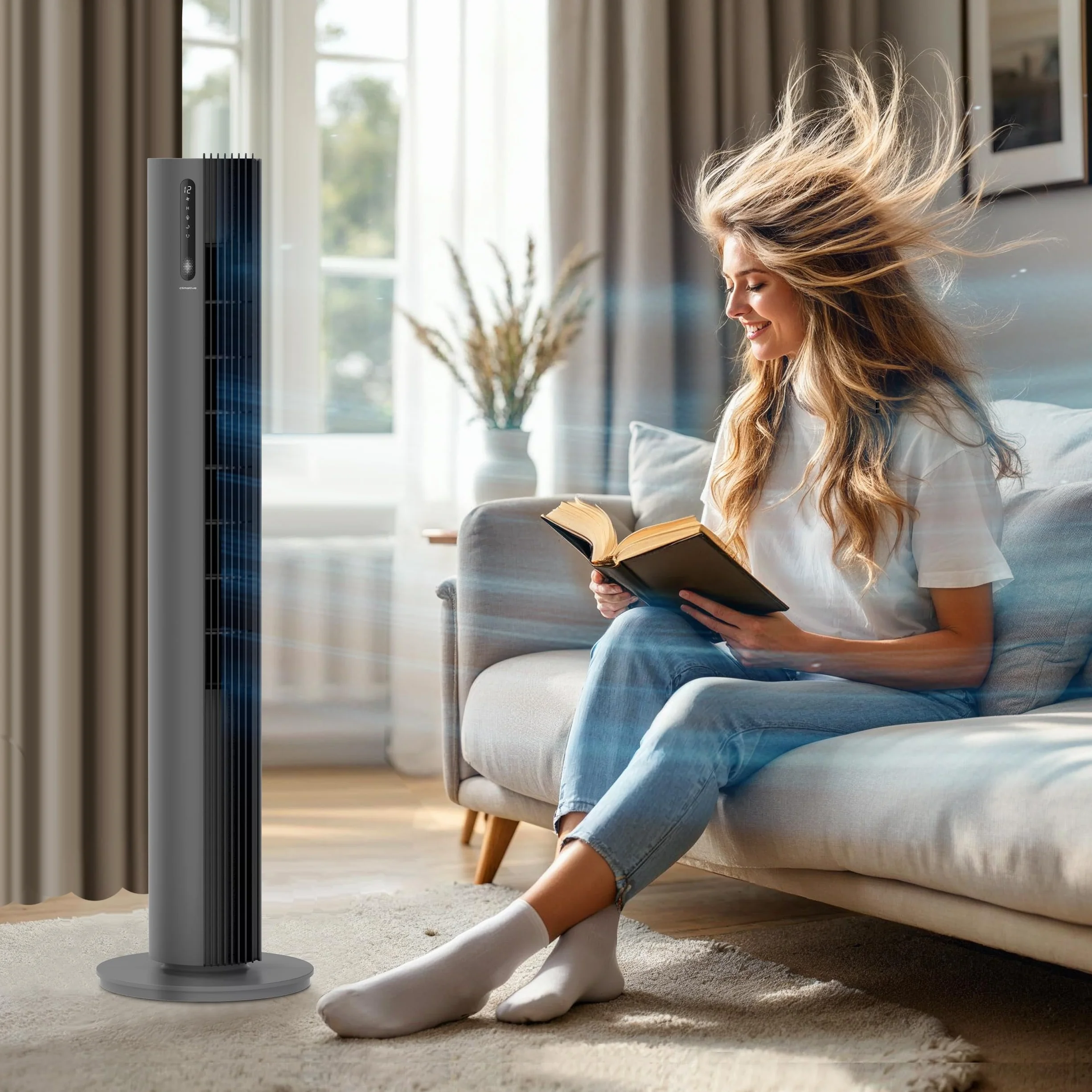 Wentylator kolumnowy 110cm PURE Jonizacja Plazmowa WiFi Tuya Smart Life, 12 prędkości, 30W, Timer 12h, Bardzo cichy wiatrak stojący z pilotem, Tower Fan, Nowoczesny klimatyzer wieżowy, Szary